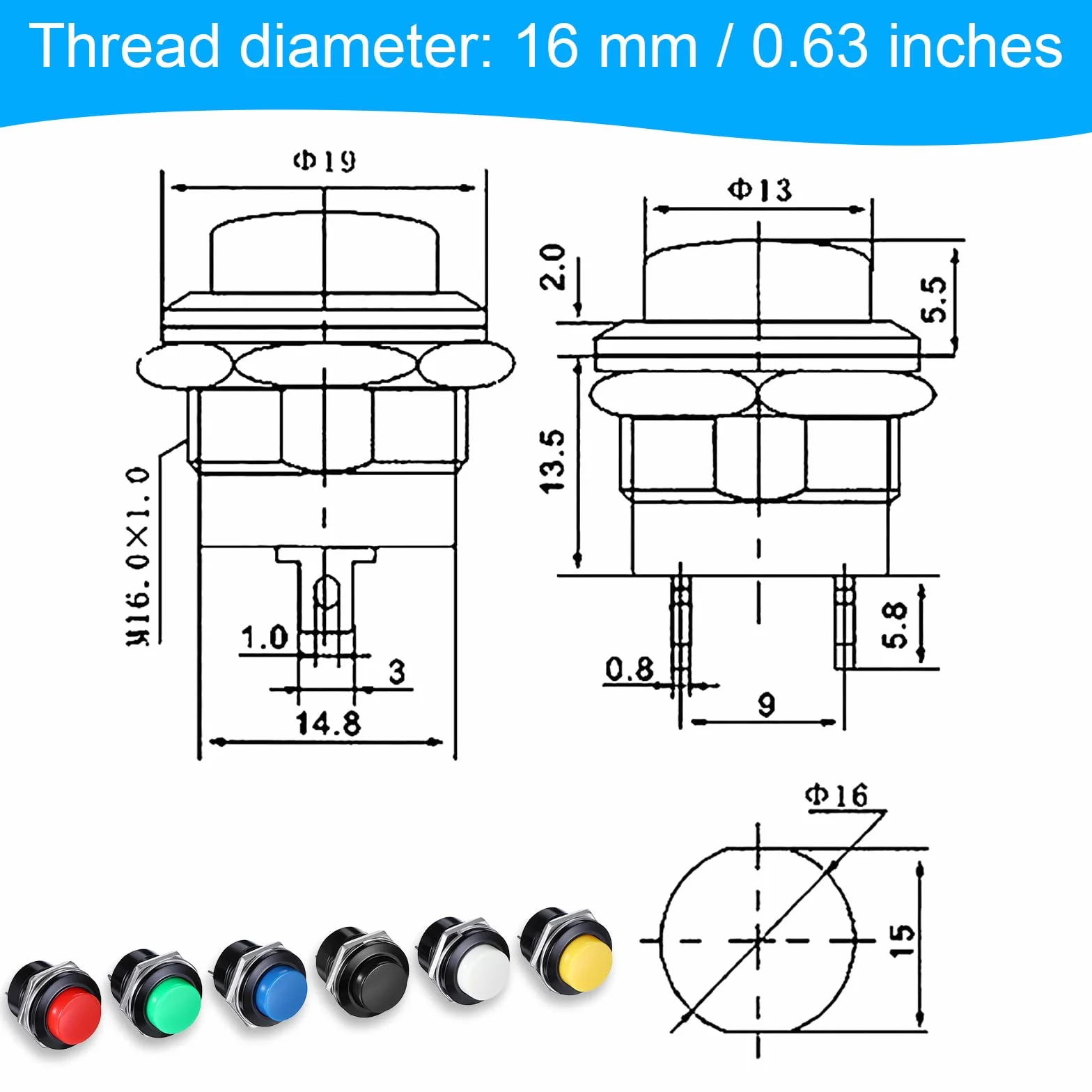 Przełączniki Push Button Momentary 16 mm 3A 250V AC 2-biegunowe 24 sztuki