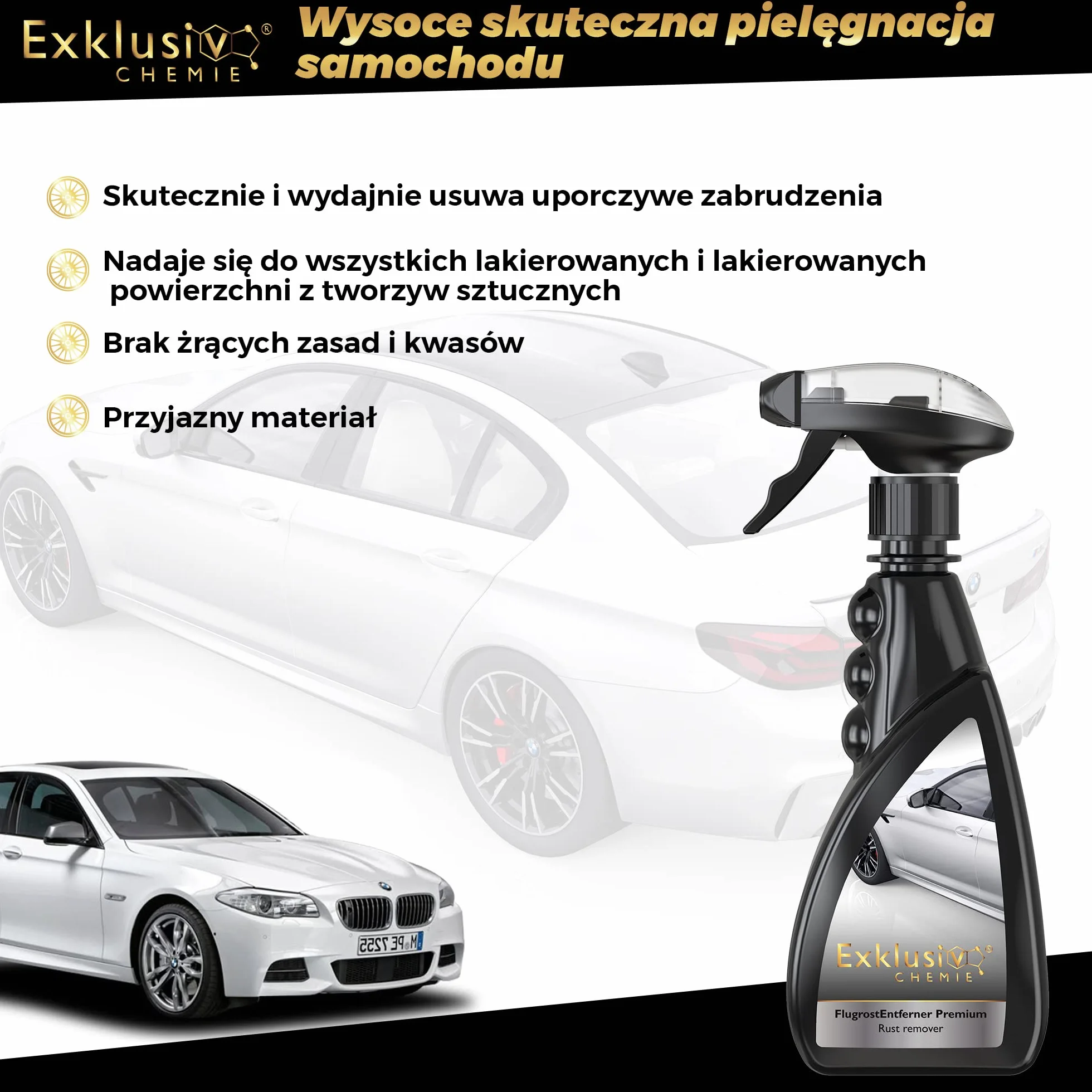Exklusiv Chemie® Odrdzewiacz Samochodowy Premium 500ml | Środek do usuwania rdzy z lakieru samochodowego | Środek do czyszczenia samochodów usuwający rdzę nalotową, małe plamy rdzy i pył przemysłowy