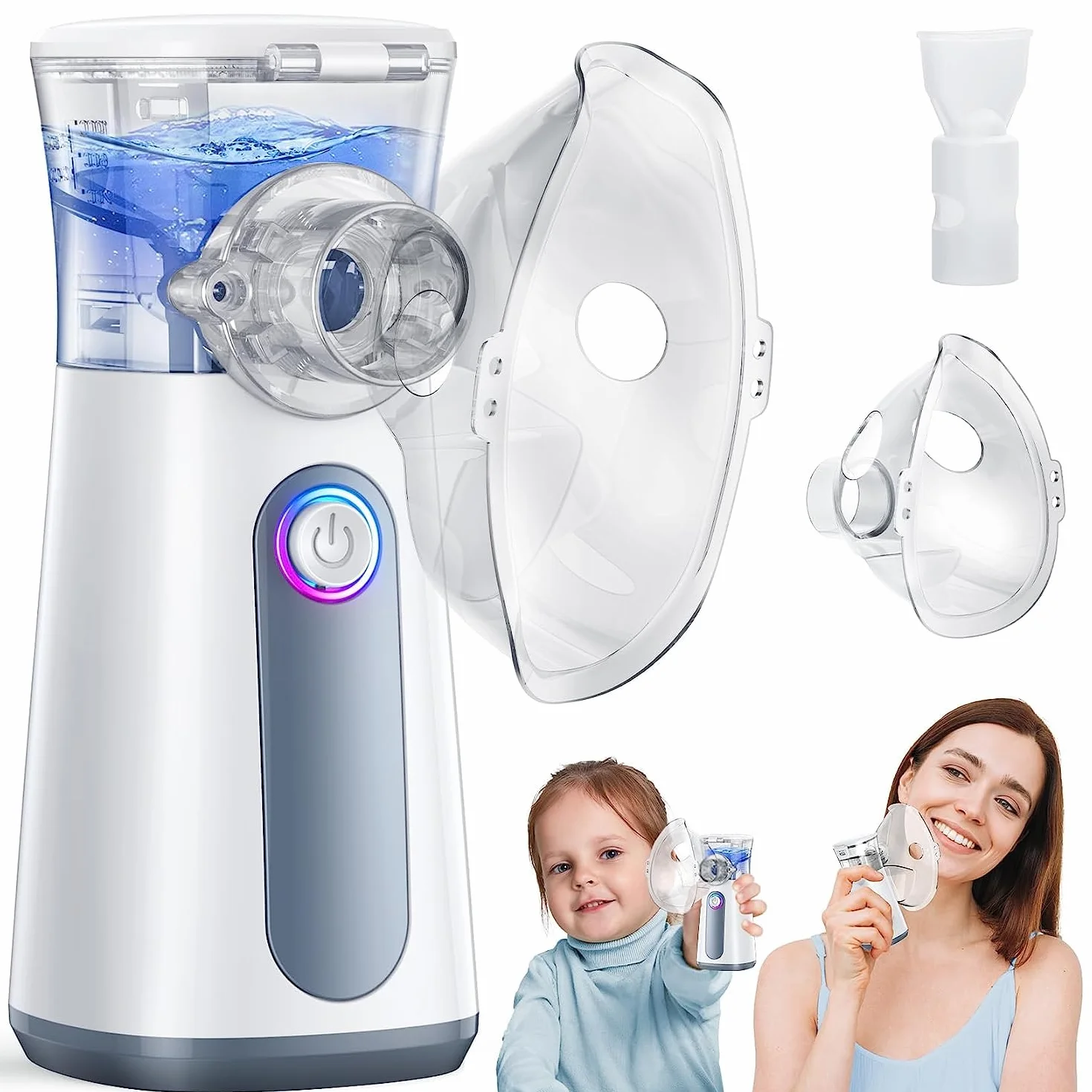 Cichy inhalator dla dzieci i dorosłych z ustnikiem, 2 maskami, regulowaną szybkością, trybem czyszczenia, długą żywotnością baterii