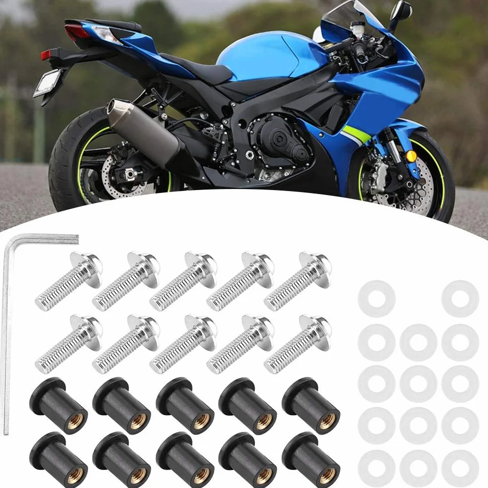 Zestaw śrub do szyby motocykla Zestaw śrub do przedniej szyby Zestaw ze stali nierdzewnej Czarne śruby Nakrętki podkładki do wymiany szyb przednich (srebrne)