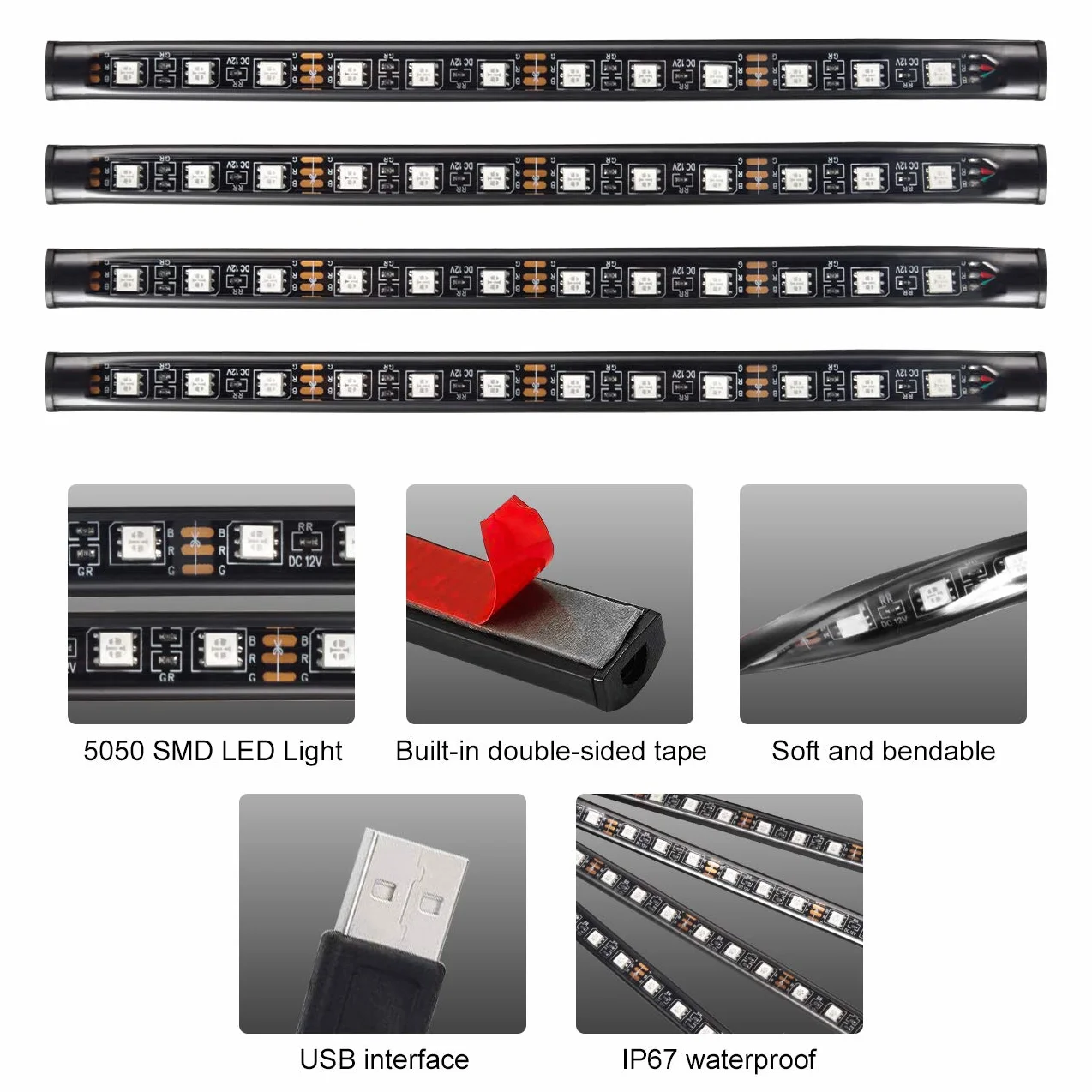 Favoto 4x12 oświetlenie wewnętrzne Oświetlenie nastrojowe LED Oświetlenie wnętrza samochodu Wnętrze LED z portem USB i pilotem na podczerwień