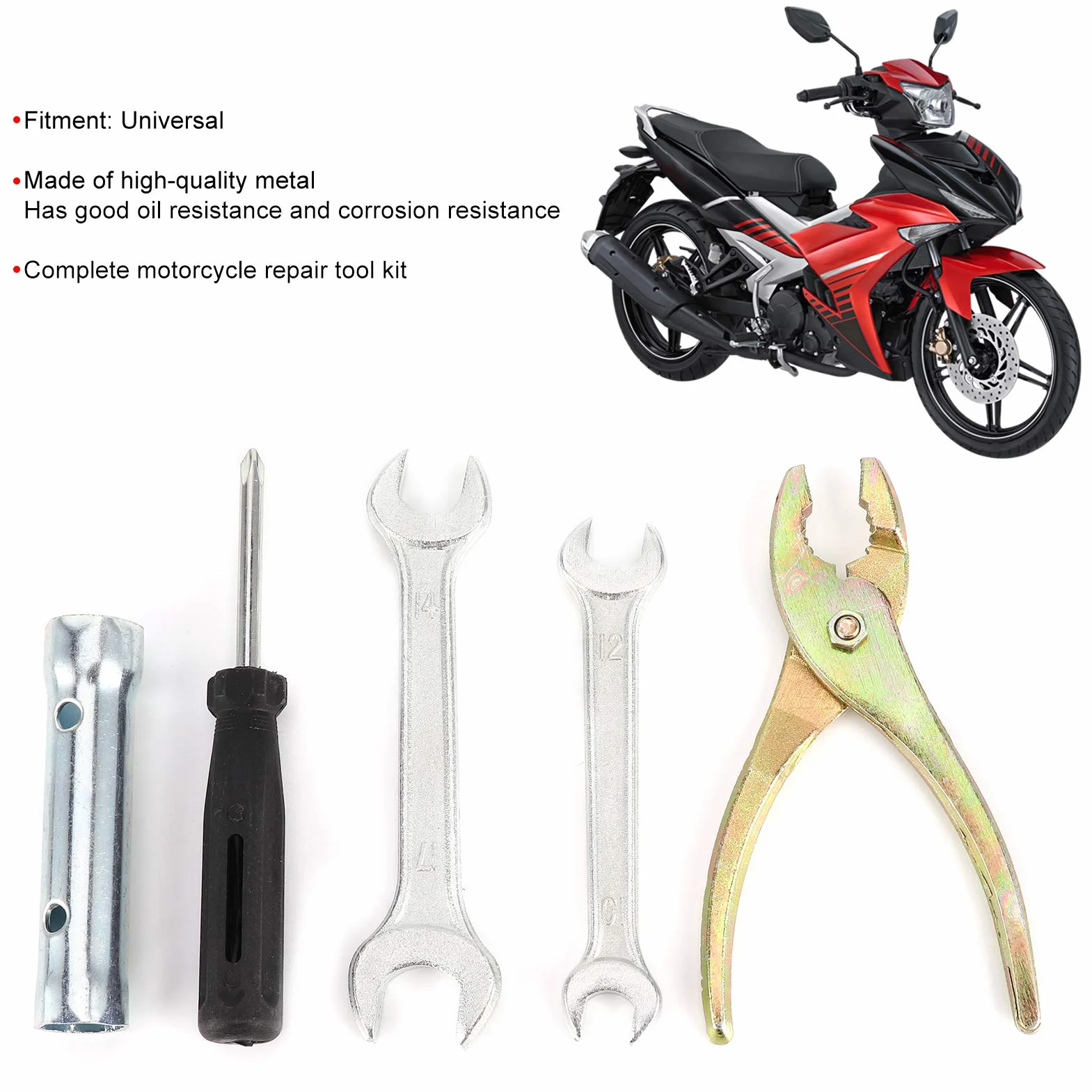 Zestaw narzędzi do naprawy motocykla, zestaw narzędzi do naprawy motocykla, uniwersalny zestaw narzędzi do naprawy motocykla Qiilu Klucz metalowy + śrubokręt + szczypce + zestaw nasadek do świec zapłonowych