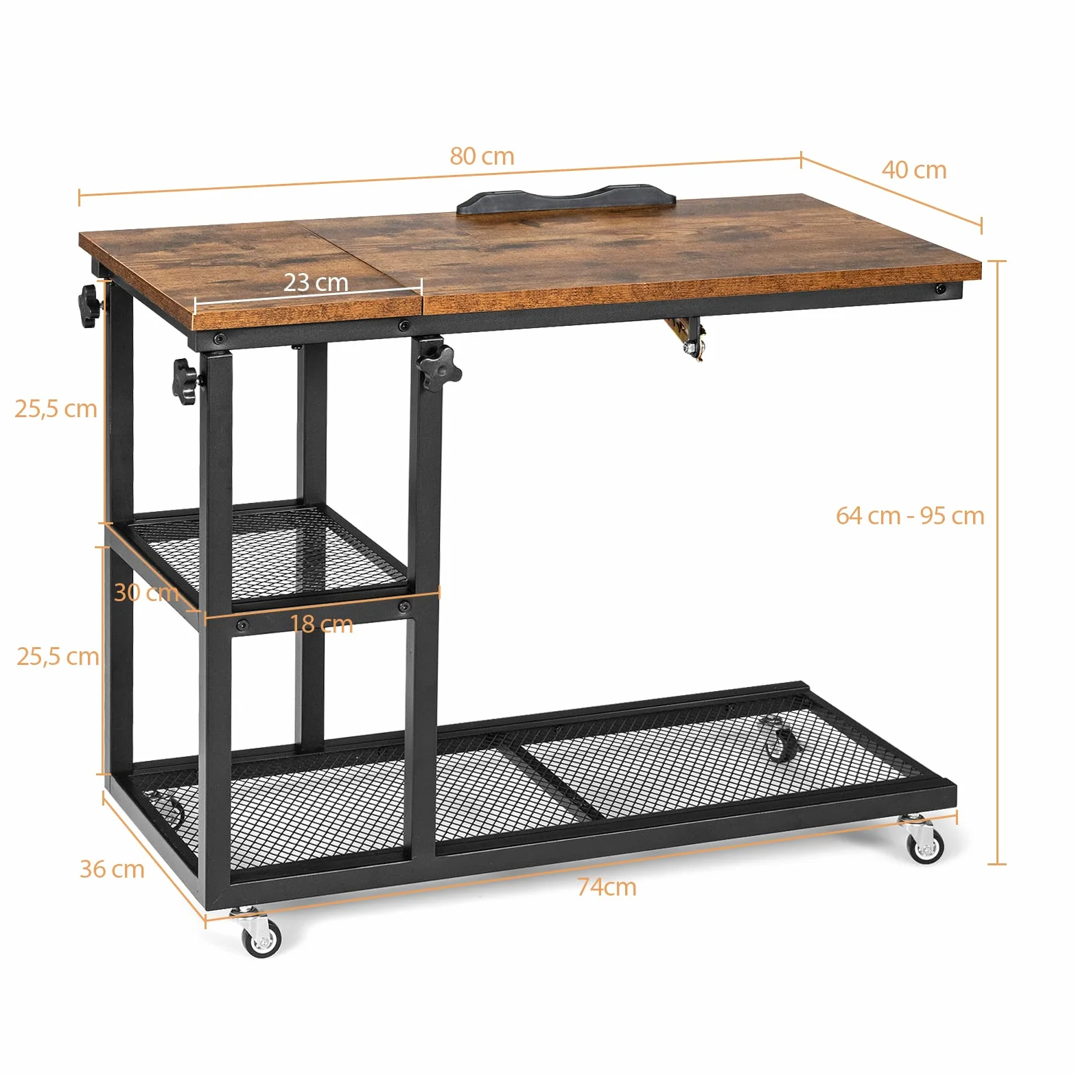 COSTWAY Stolik pod laptopa z regulacją wysokości i nachylenia, 3 poziomy, w kształcie litery C, na kółkach, 80 x 40 x 95 cm, brązowy