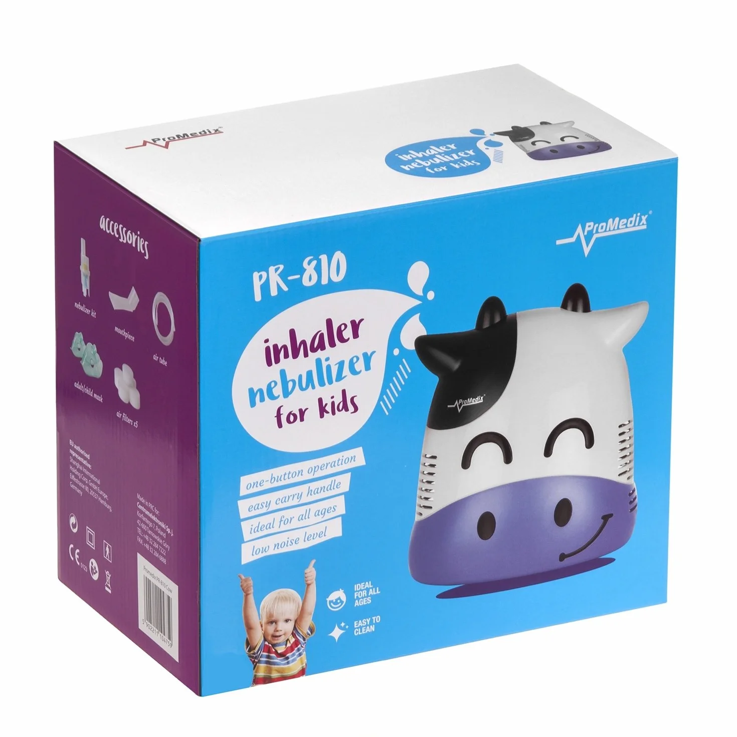 PR-810 Inhalator Elektryczny Medyczny Nebulizator Dla Dzieci I Dorosłych Krówka, Głośność <55dB, Waga 1.5kg