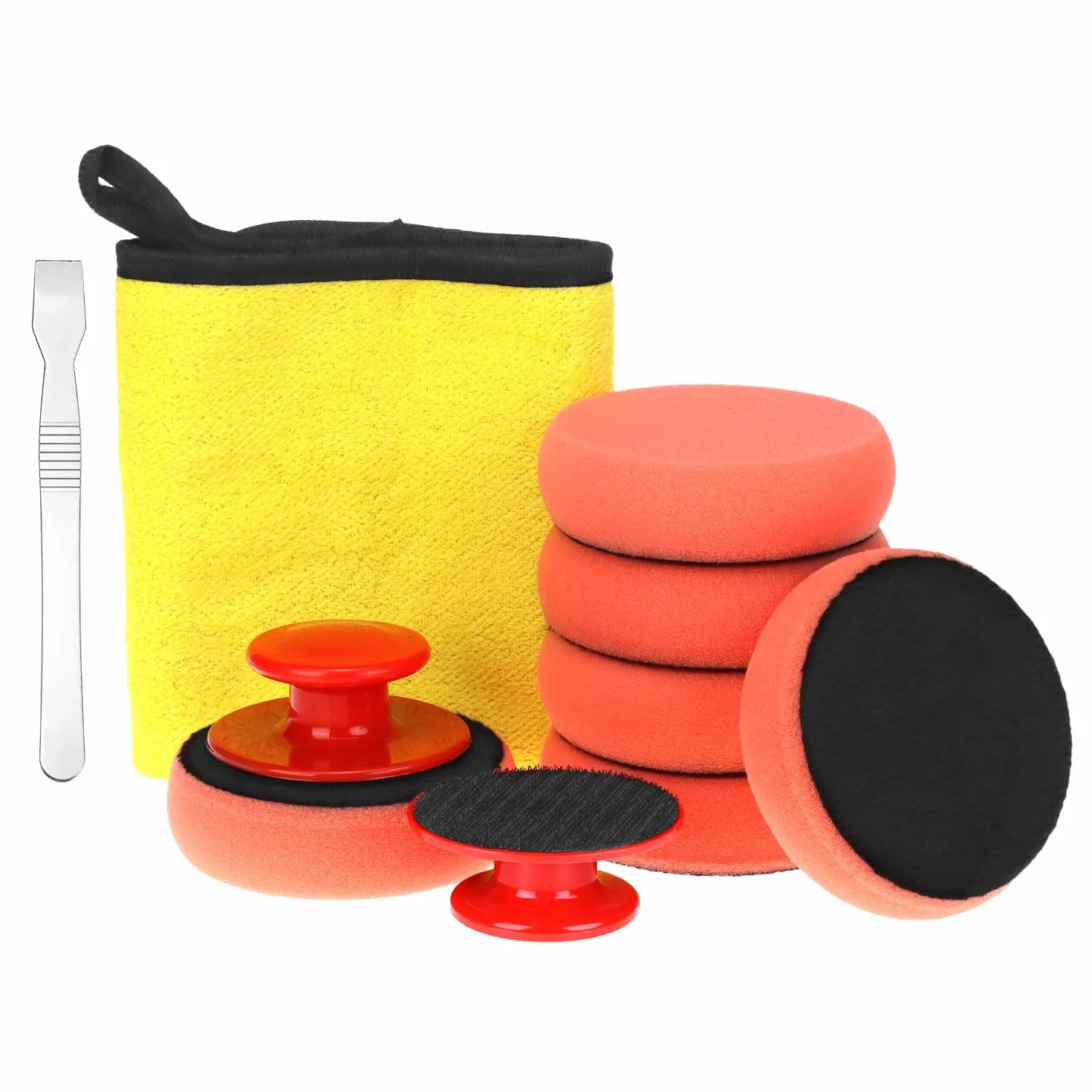 QWORK Zestaw gąbek do polerowania samochodu 90 mm, 6 gąbek do polerowania samochodu + 1 antypoślizgowy uchwyt + 2 ściereczki z mikrofibry do polerowania i woskowania w samochodzie