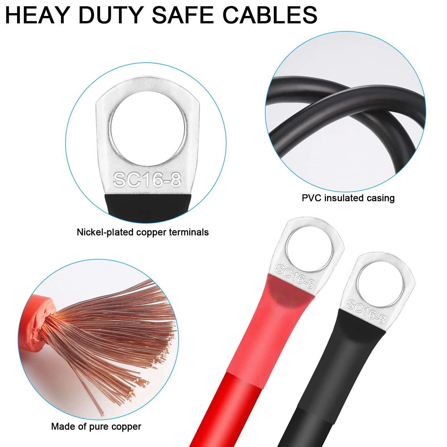 Zocipro 2 szt kabel do akumulatora 70 cm, 16 mm², kabel do akumulatora M8, 12 V, 5AWG, kabel do ładowania akumulatora z końcówkami pierścieniowymi M8, miedziany, elastyczny drut, do samochodów