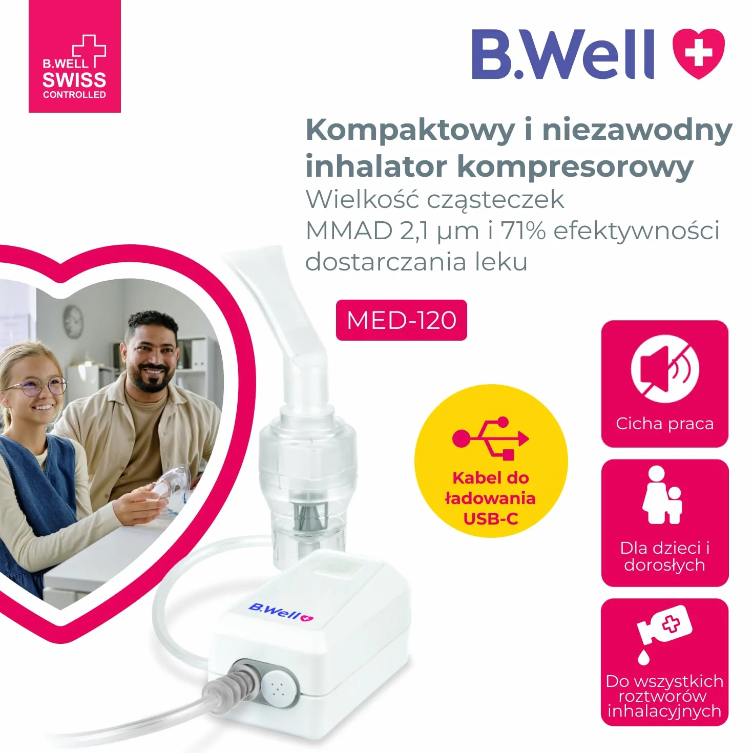 B.Well Inhalator Nebulizator Tłokowy 44 dB 100x54x51 mm z Maskami