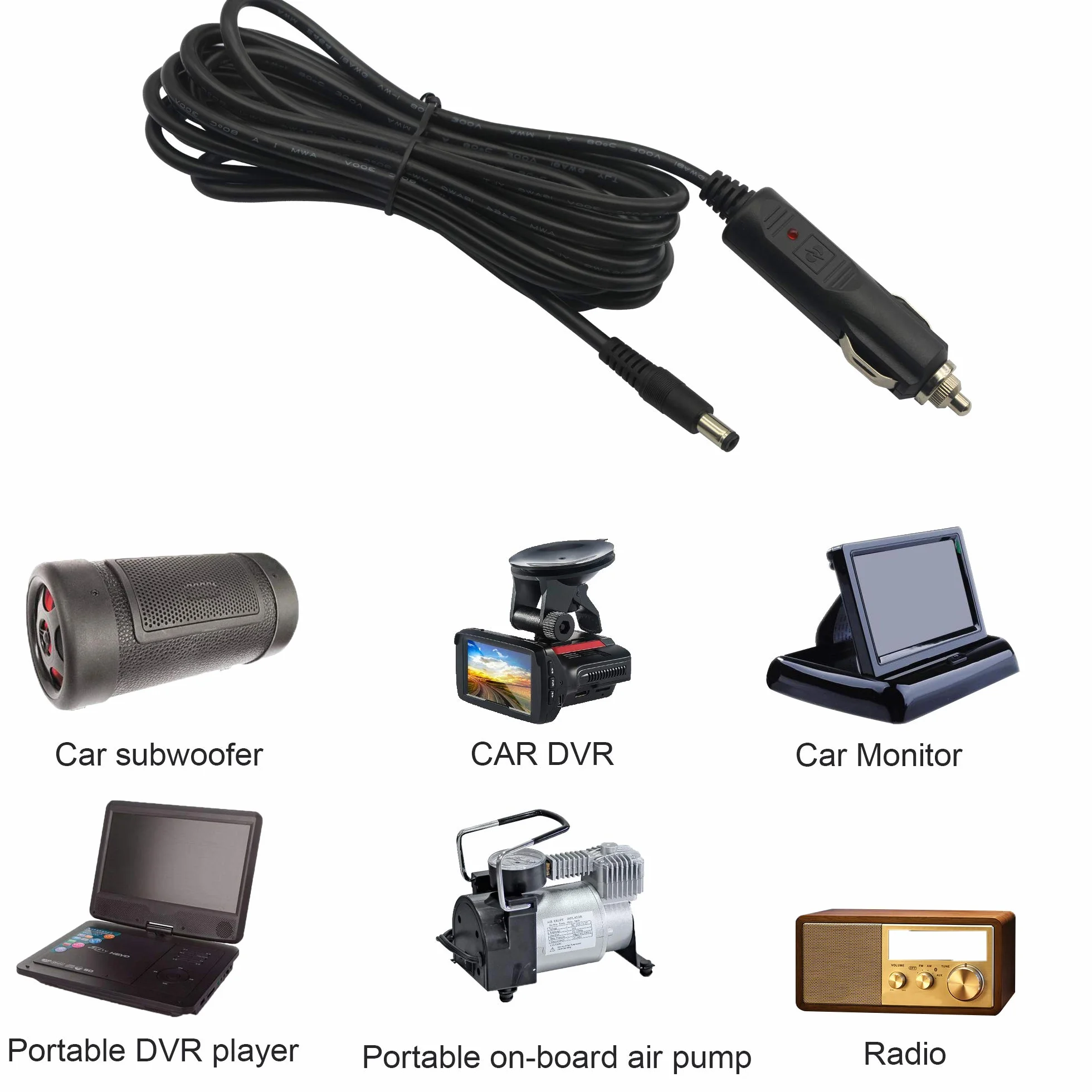12 V-24 V DC 5,5 x 2,1 mm przedłużacz do zapalniczki samochodowej kabel z diodą LED do samochodów ciężarowych, autobusów, vanów (3 m)