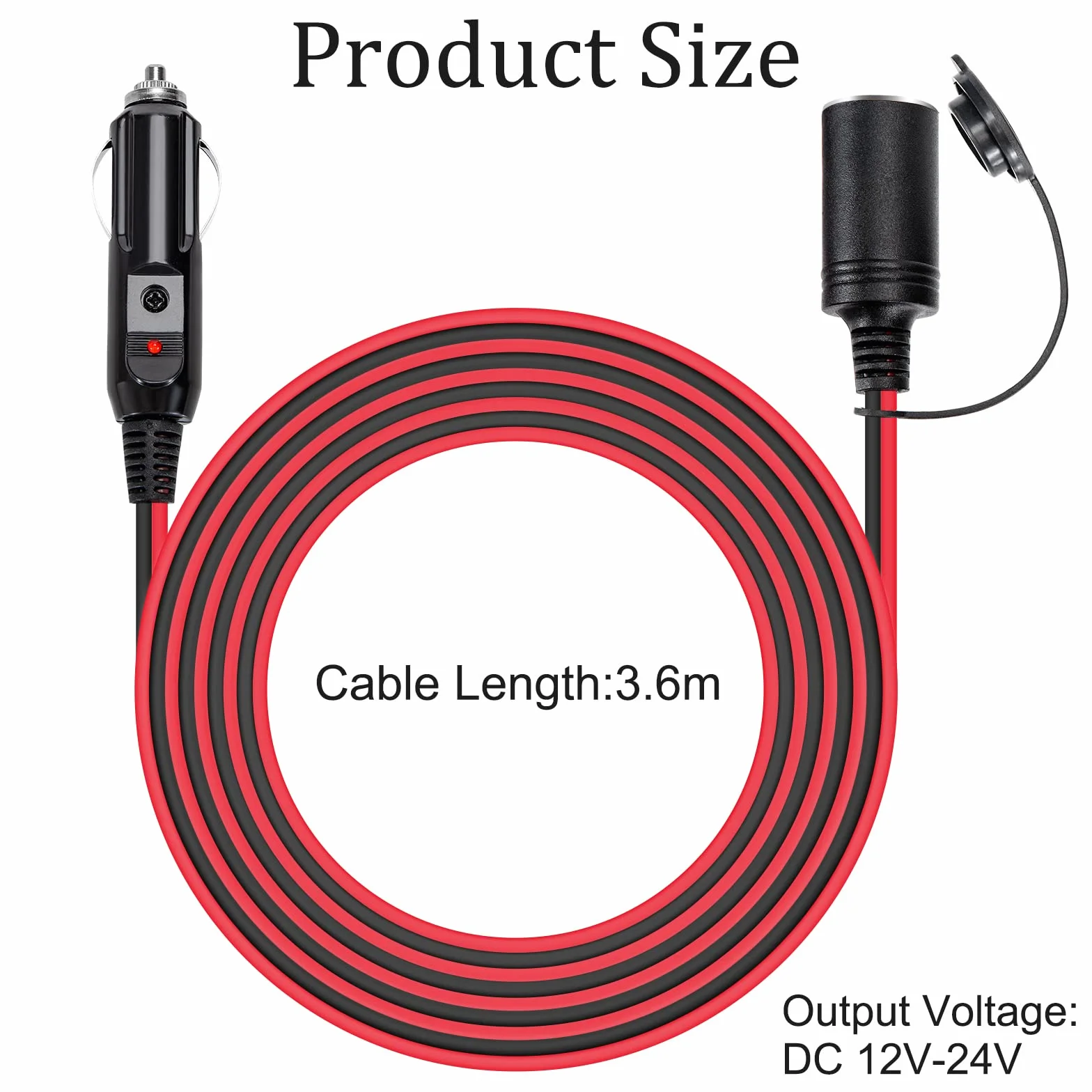 Przedłużacz zapalniczki samochodowej 12 V 3,6 m kabel przedłużający do zapalniczki samochodowej 16 AWG z bezpiecznikiem 15 A do samochodów ciężarowych 12V/24V
