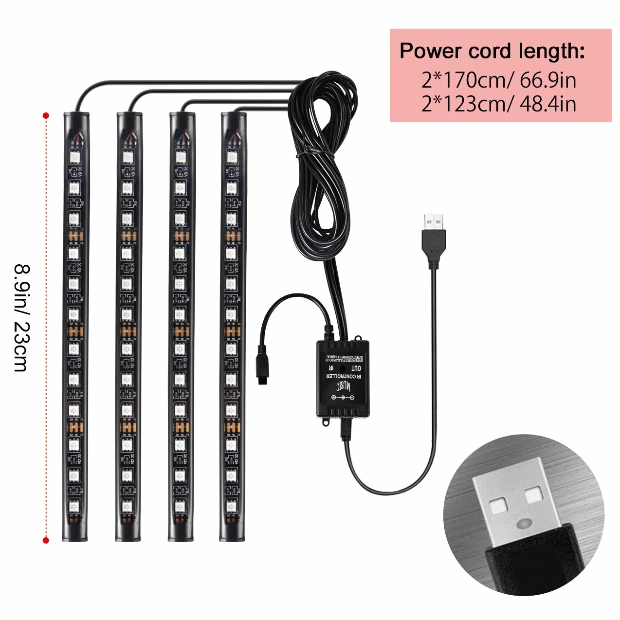 Favoto 4x12 oświetlenie wewnętrzne Oświetlenie nastrojowe LED Oświetlenie wnętrza samochodu Wnętrze LED z portem USB i pilotem na podczerwień