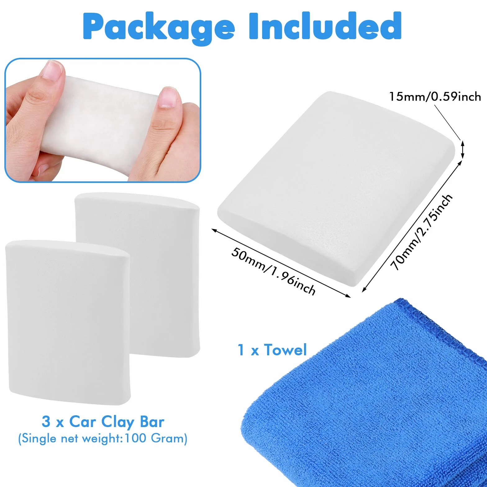 Glina do czyszczenia samochodu, 3 sztuki masy czyszczącej z ręcznikiem, masa do czyszczenia lakieru, Magic Car Clay Bar do czyszczenia felg (300 g, White)