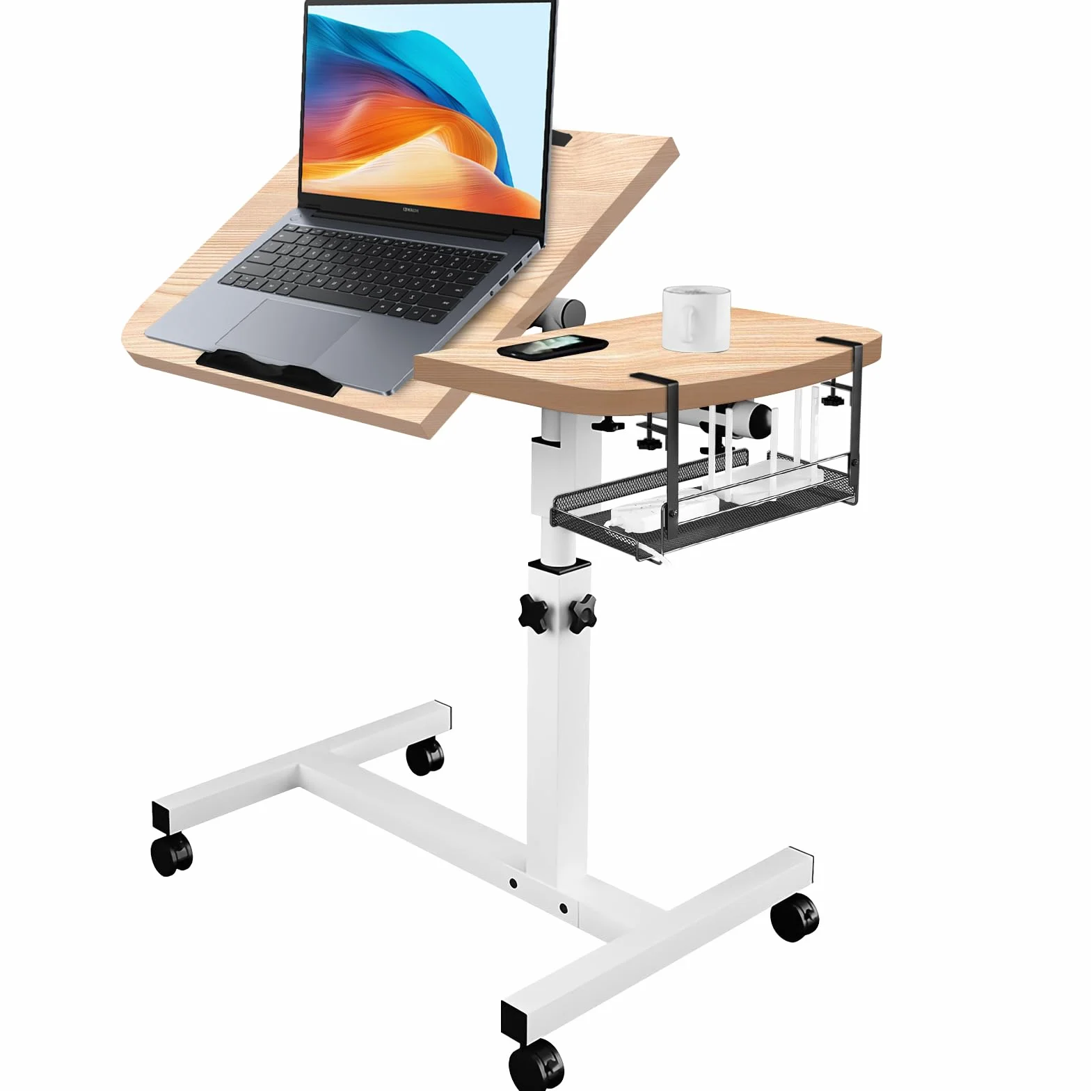 Regulowany stolik na laptopa z dzielonym uchylnym biurkiem, kółkami i zdejmowanym koszem do przechowywania, biurko nocne z regulacją wysokości