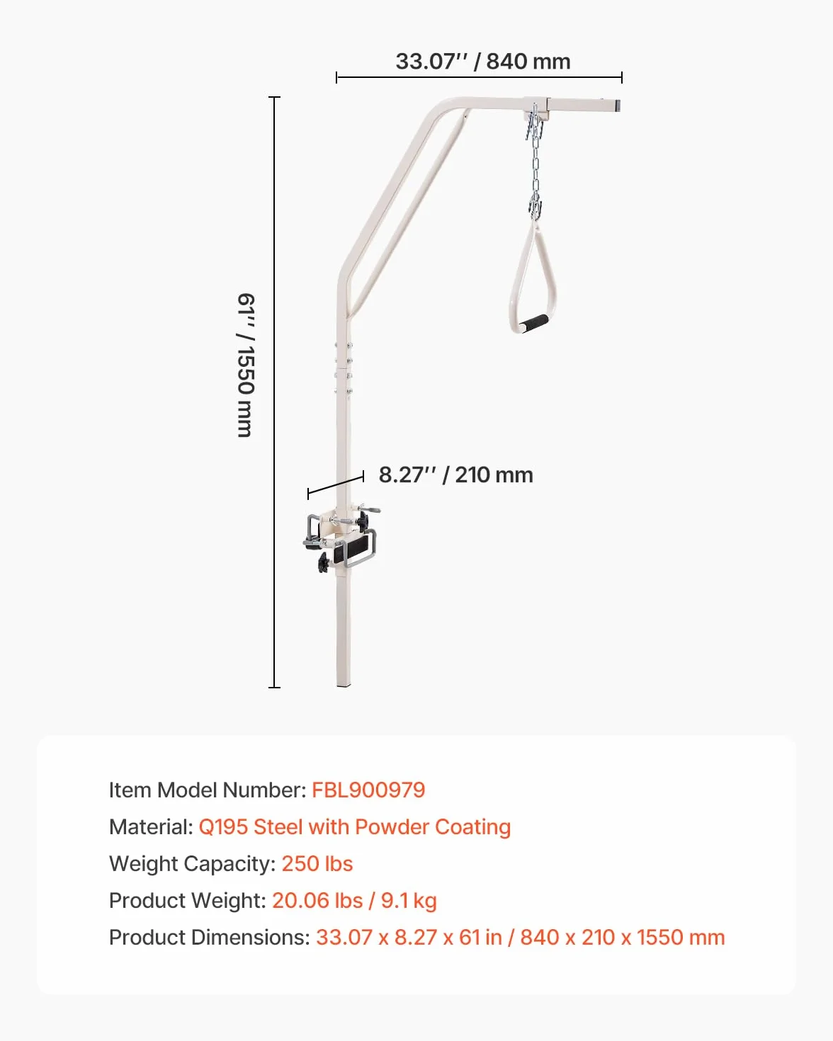 VEVOR Drążek trapezowy do mobilności łóżka, medyczny trapez z zaciskami i metalowym łańcuchem, nośność 113 kg