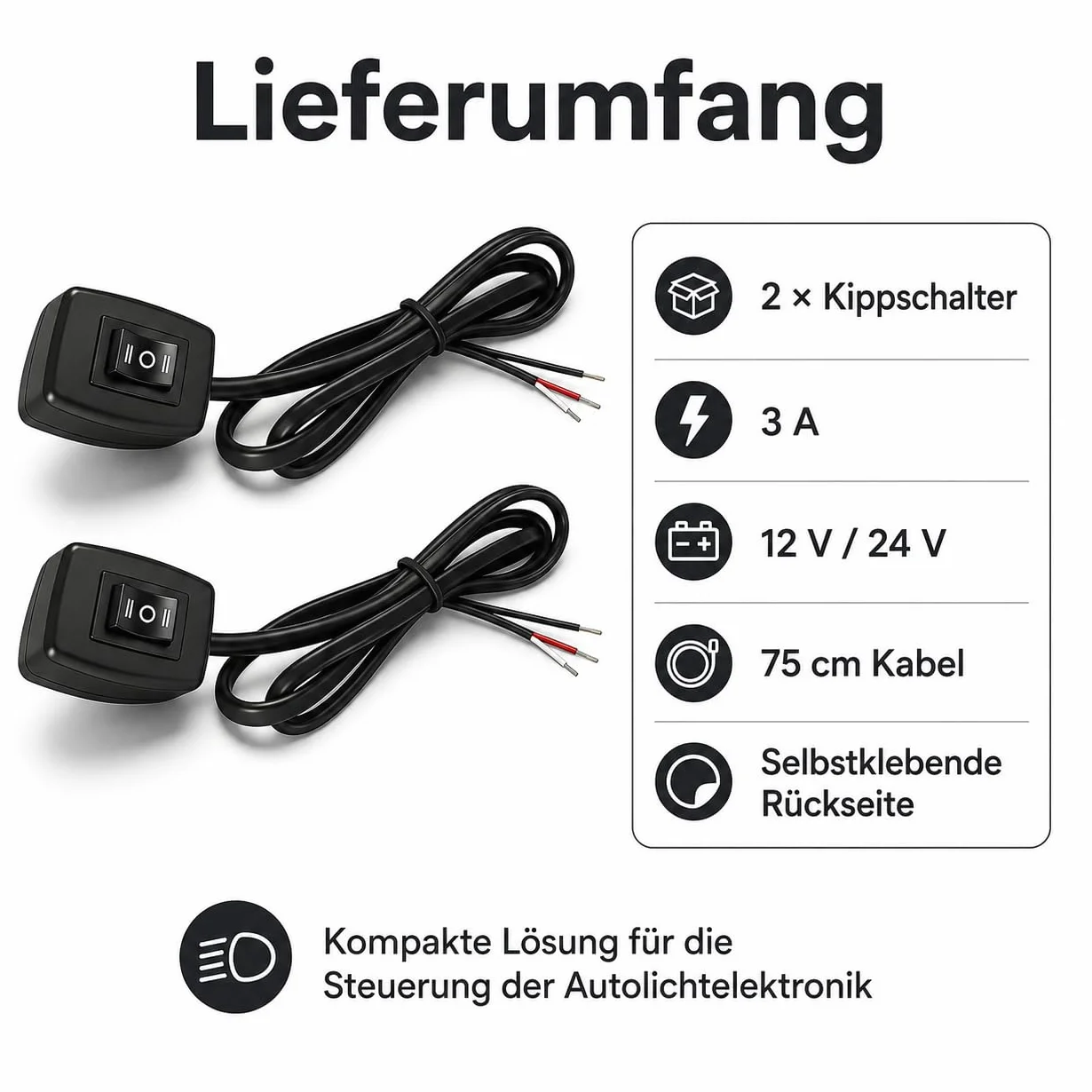 Powice 2 x przełącznik dźwigienkowy 12 V z samoprzylepną tylną stroną, 3 poziomy regulacji, 3 A, 12 V/24 V, przełącznik z kablem 75 cm, przełącznik dźwigienkowy 12 V do sterowania elektroniką