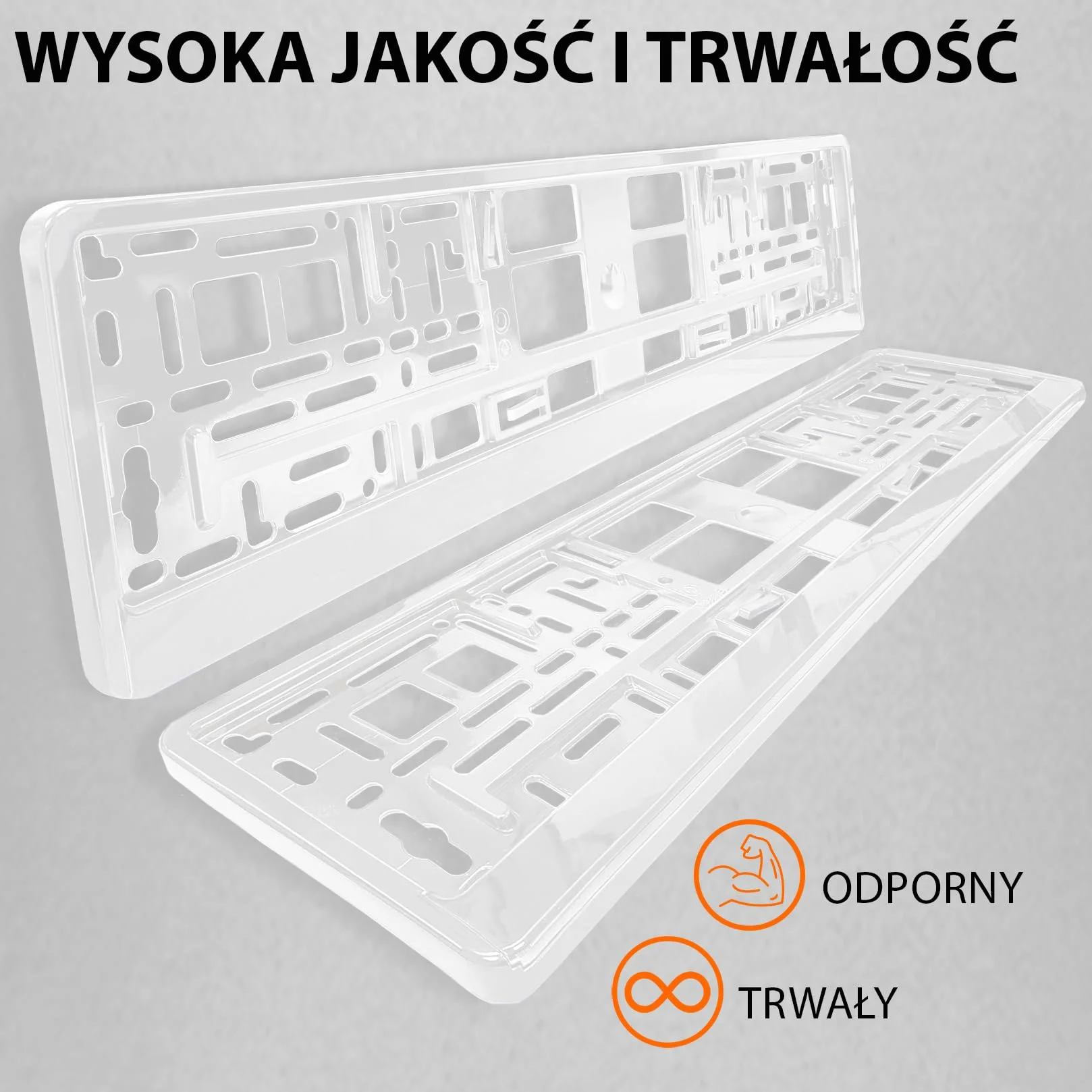 2x Uchwyt tablicy rejestracyjnej - trwały i bezpieczny - 8 śrub - biały połysk - 520x110 mm - Ramka do tablic rejestracyjnych - pasuje do każdego samochodu - dla polskich tablic PL - uniwersalny