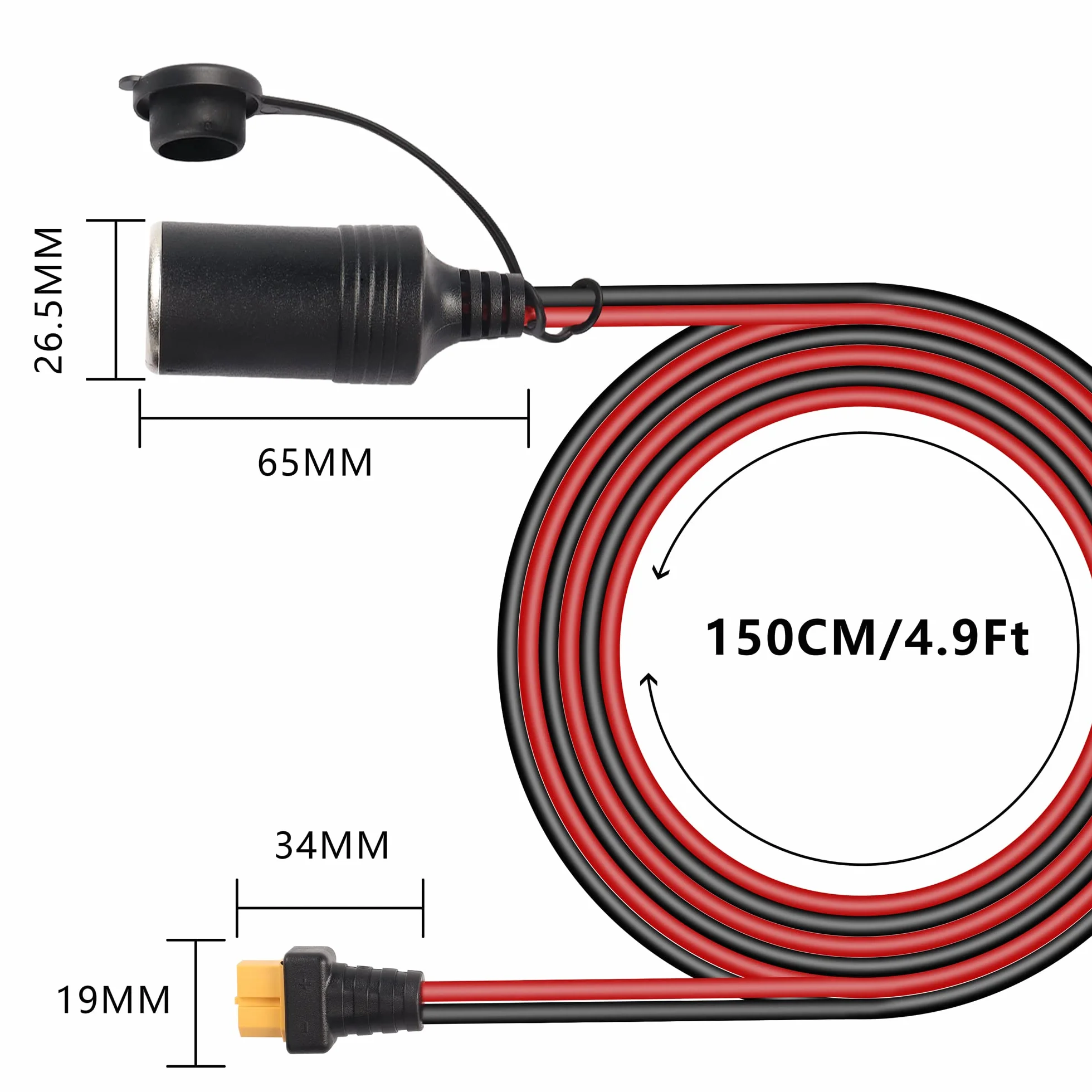 GELRHONR XT60 żeńskie gniazdo zapalniczki samochodowej, 14AWG 12V/24V XT60 żeńskie żeńskie gniazdo zapalniczki samochodowej z wodoodporną osłoną pyłoszczelną-1,5 m