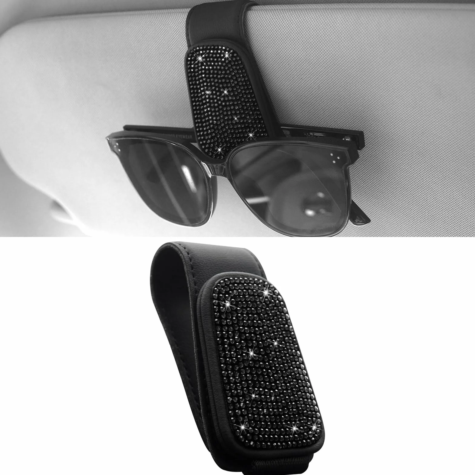 Bling Uchwyt na okulary przeciwsłoneczne do wizjera samochodowego, magnetyczny skórzany uchwyt na okulary, wizjer, klips na okulary, stras, klips na bilet, dla kobiet i dziewcząt (czarny)