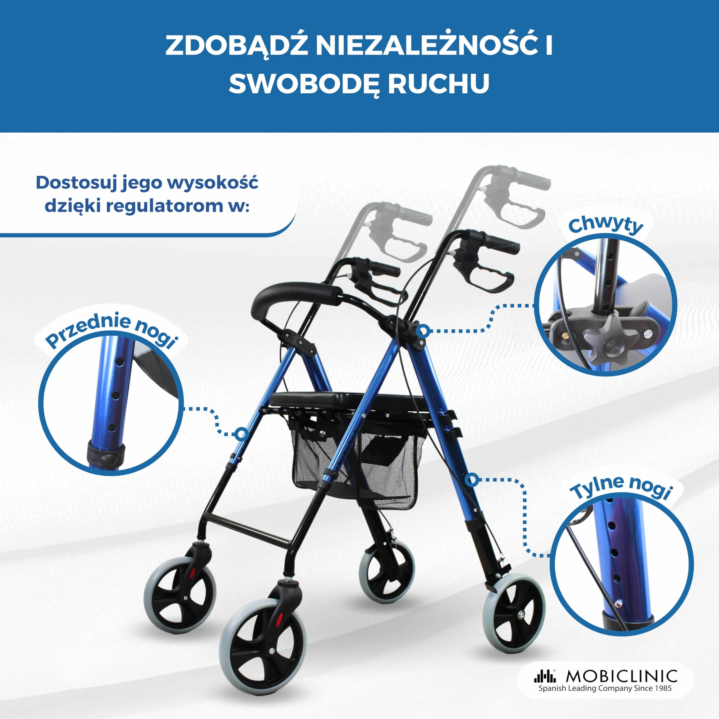 Mobiclinic Rollator Składany Regulowany 4 Koła Niebieski