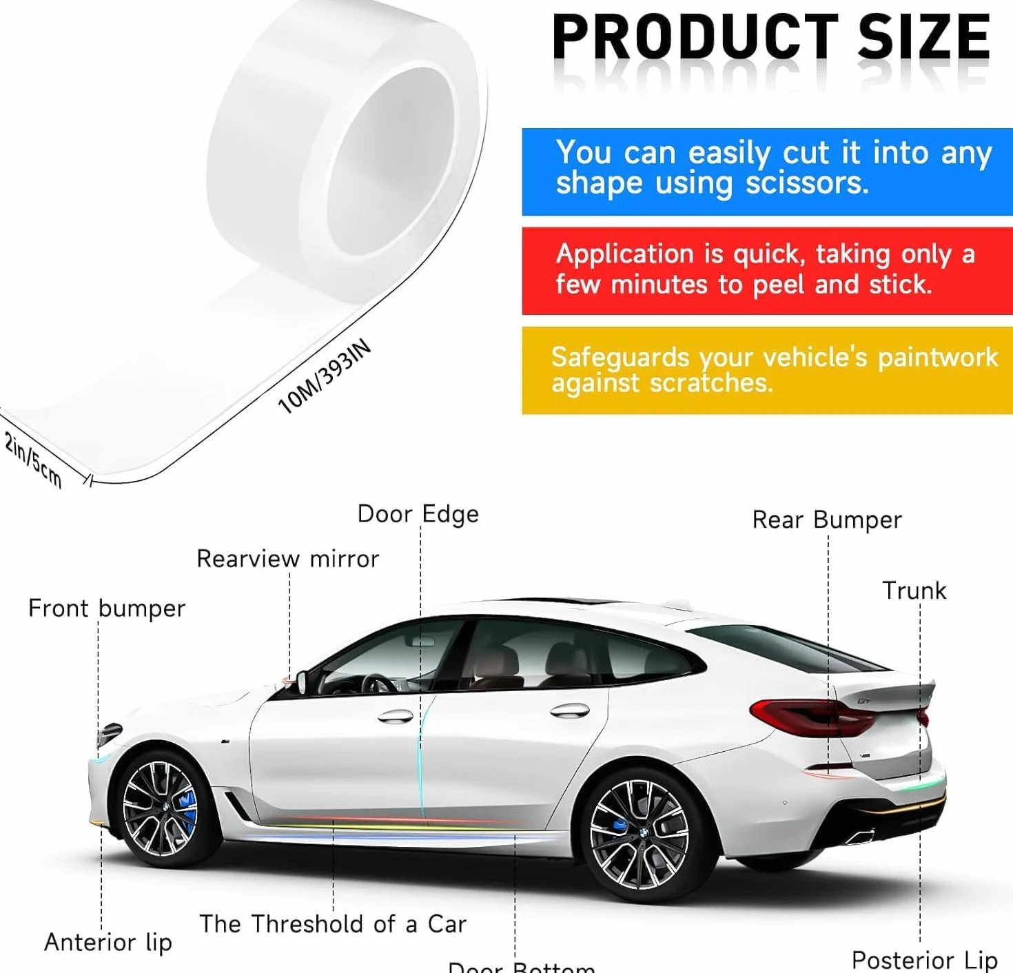 EINESIN Listwy na progi samochodu, 5 cm x 10 m, ochrona krawędzi, przezroczysta, samoprzylepna, uniwersalna folia ochronna do lakieru do samochodu, roweru, motocykla