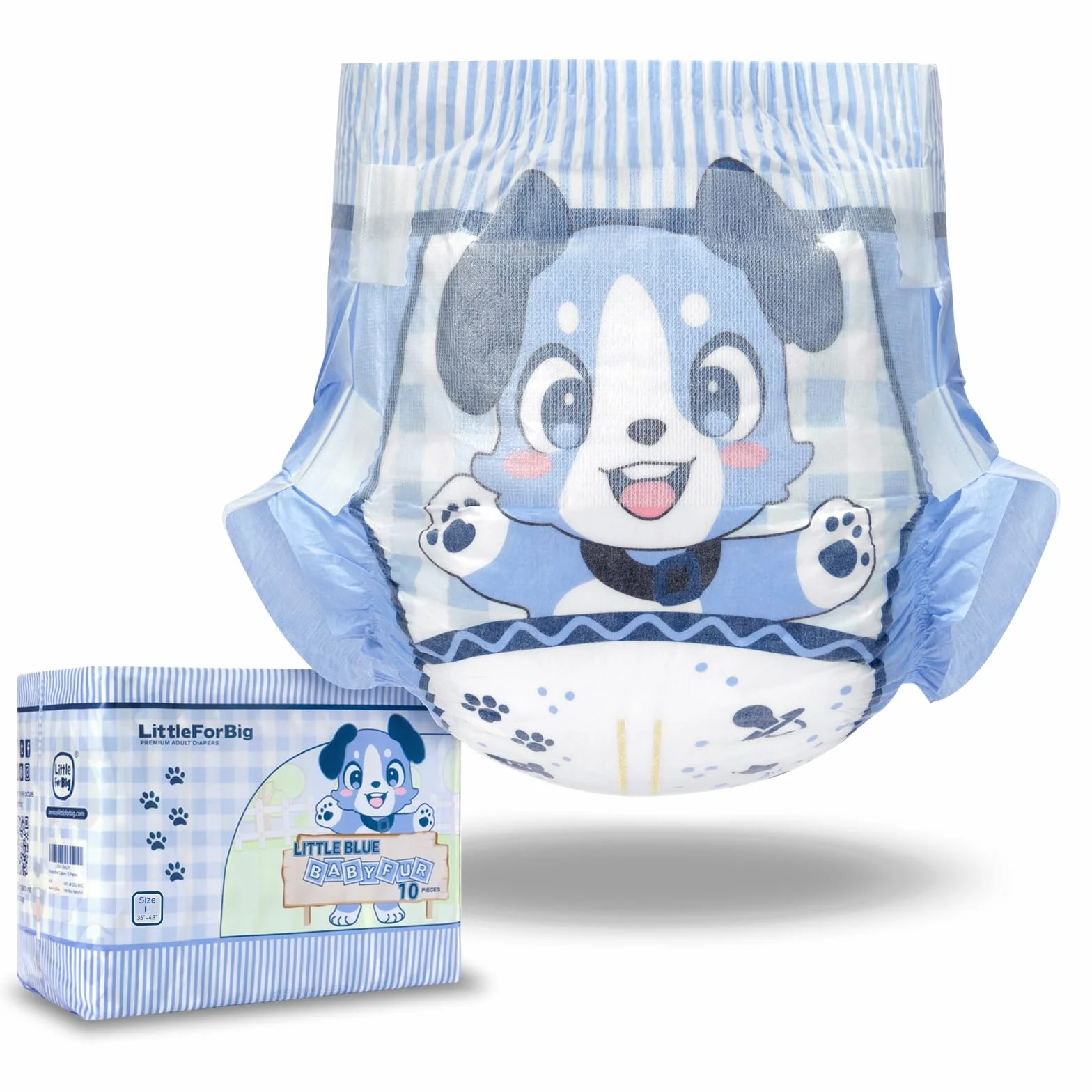 LittleForBig Regulowane Zapięcie na Rzep Materiałowe Plecy Pielucha Drukowana Dla Dorosłych 10 Sztuk - Mały Niebieski BabyFur (Medium 71-96 cm)