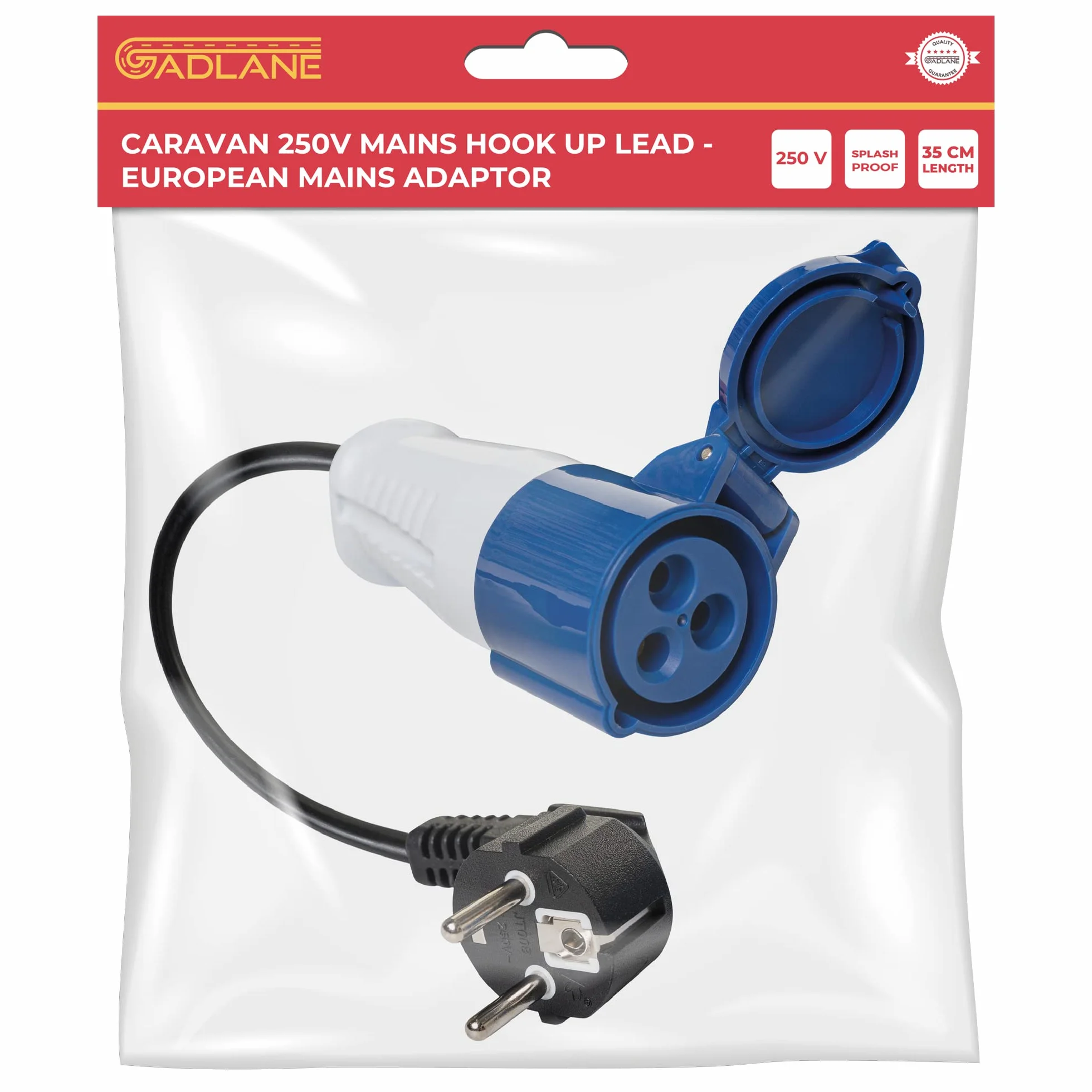 GADLANE Adapter wtyczki kempingowej 16 A – europejski elektryczny adapter kempingowy, wodoodporność IP44 – zewnętrzna wtyczka CEE do samochodu kempingowego do podłączenia do kempingu, długość 35 cm