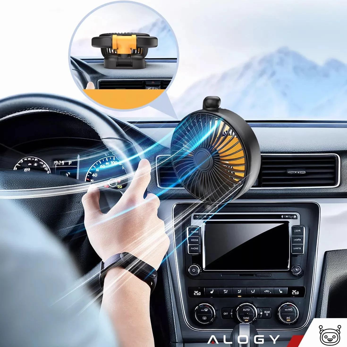 Alogy Wentylator Samochodowy Mini Mały Wiatrak Pod Zapalniczkę Regulacja 360 12V
