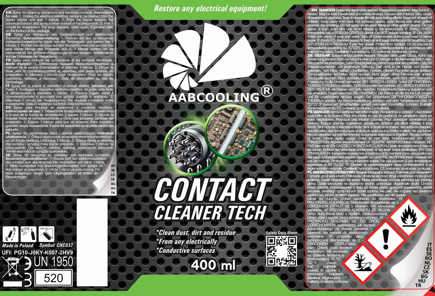 AABCOOLING Contact Cleaner 400ml – Środek do czyszczenia wnętrza auta i elektroniki – usuwa kurz, olej i zabrudzenia ze styków i przełączników – szybkoschnący spray ochronny do elektroniki