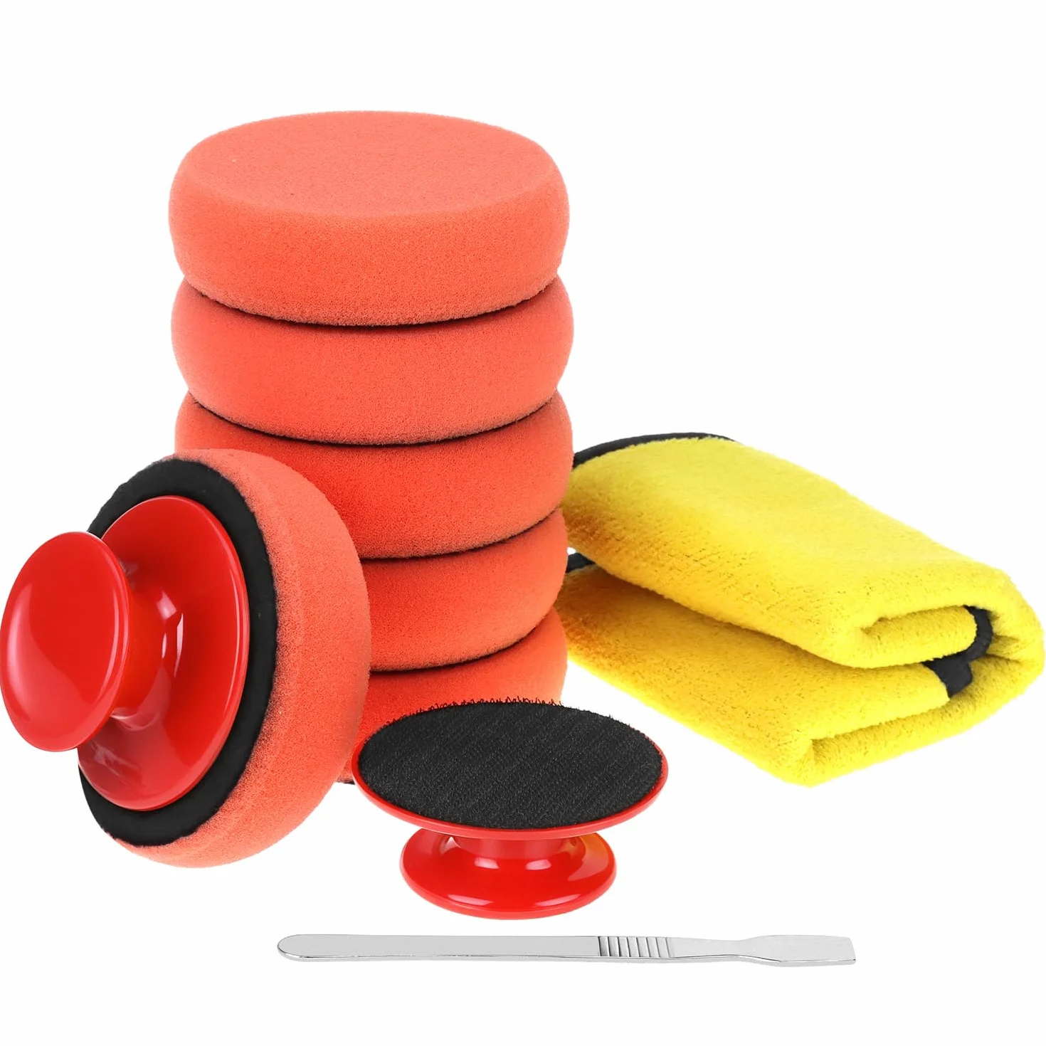 QWORK Zestaw gąbek do polerowania samochodu 90 mm, 6 gąbek do polerowania samochodu + 1 antypoślizgowy uchwyt + 2 ściereczki z mikrofibry do polerowania i woskowania w samochodzie