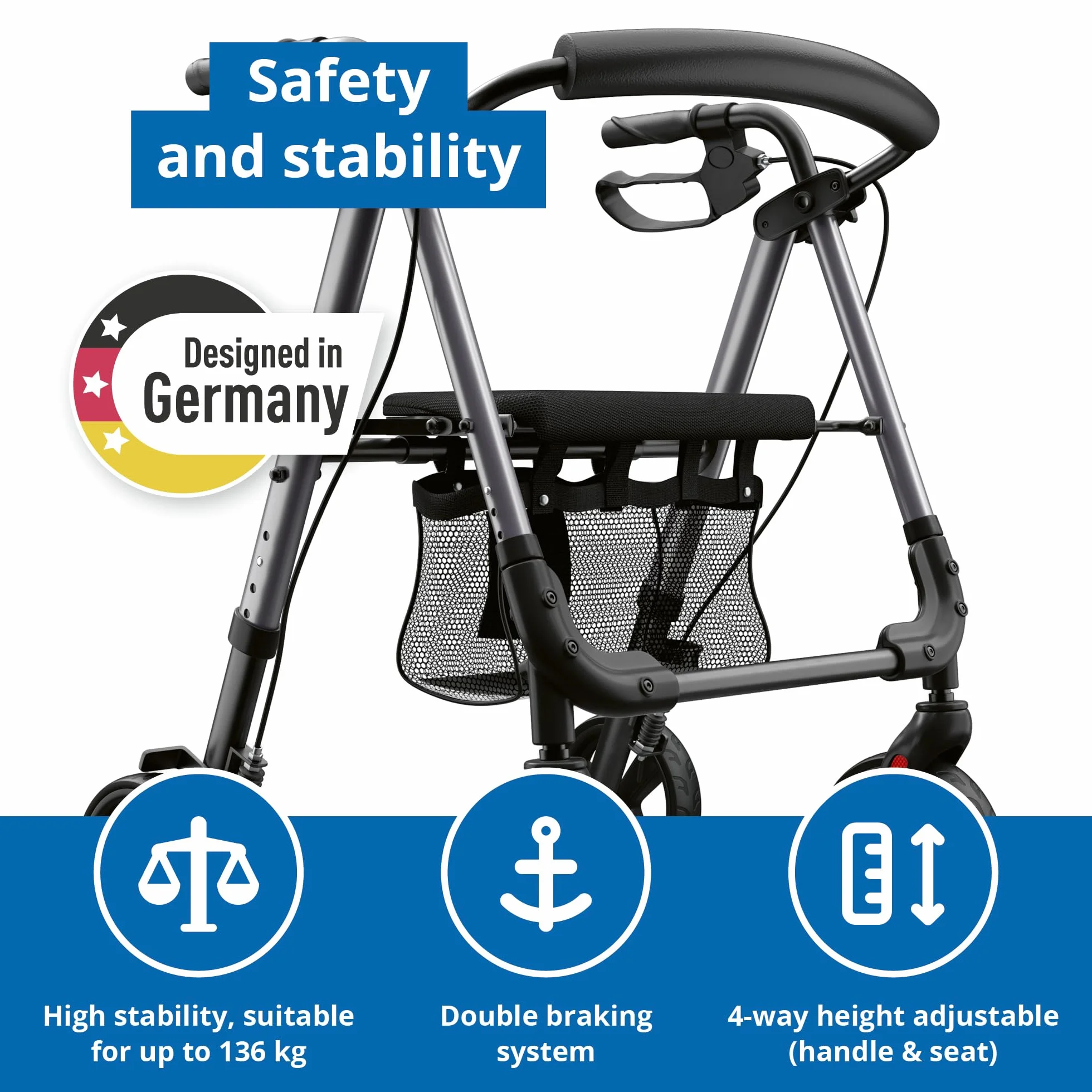 Rollator lekki regulowany 6,2 kg składany siedzisko z oparciem 4-stopniowa regulacja wysokości do 136 kg