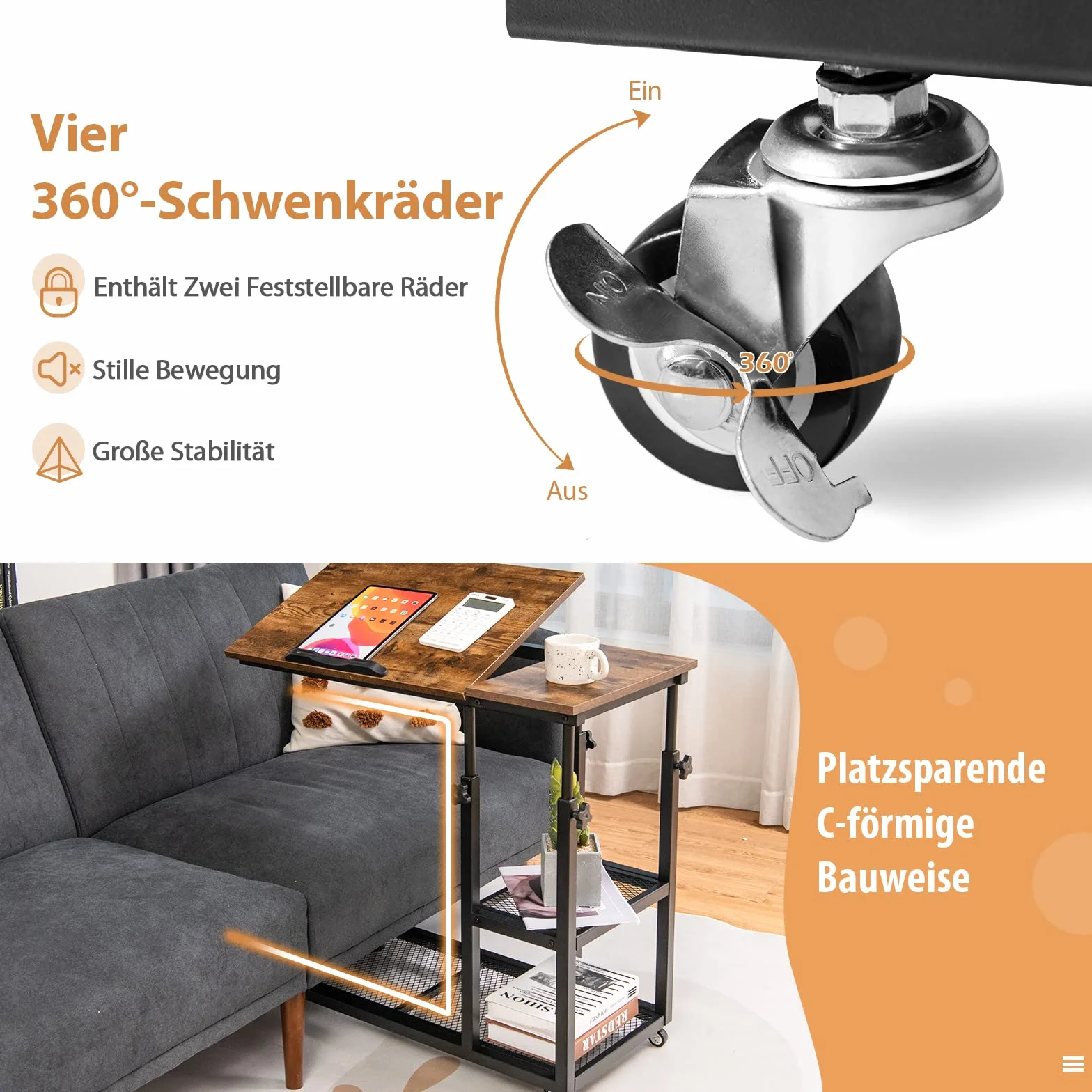 COSTWAY Stolik pod laptopa z regulacją wysokości i nachylenia, 3 poziomy, w kształcie litery C, na kółkach, 80 x 40 x 95 cm, brązowy