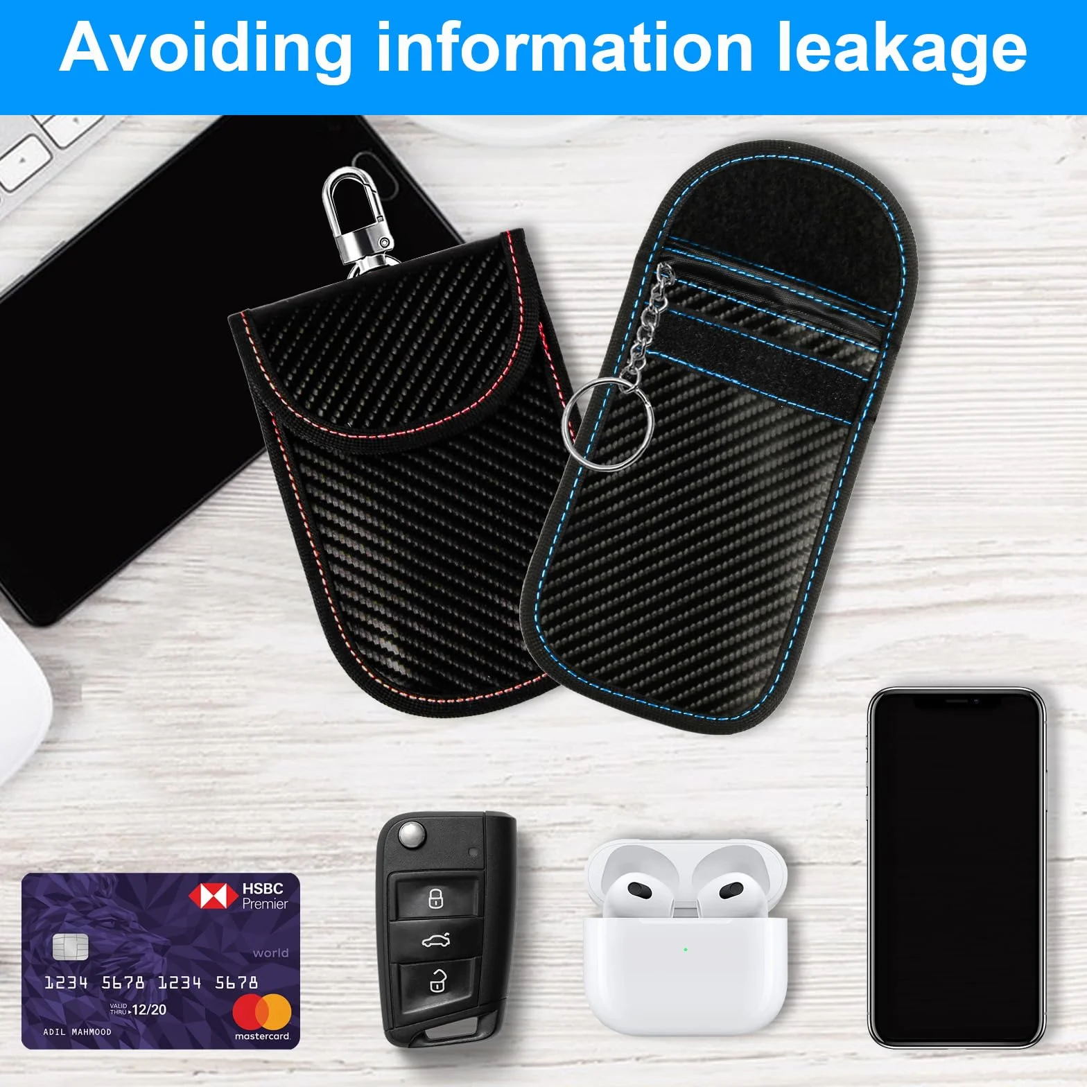 Faraday etui na kluczyki samochodowe, etui blokujące sygnał na kluczyki samochodowe, torba blokująca RFID, torba Faraday, antykradzieżowa, bez kluczyka, etui ochronne (czerwone, niebieskie), 2 szt