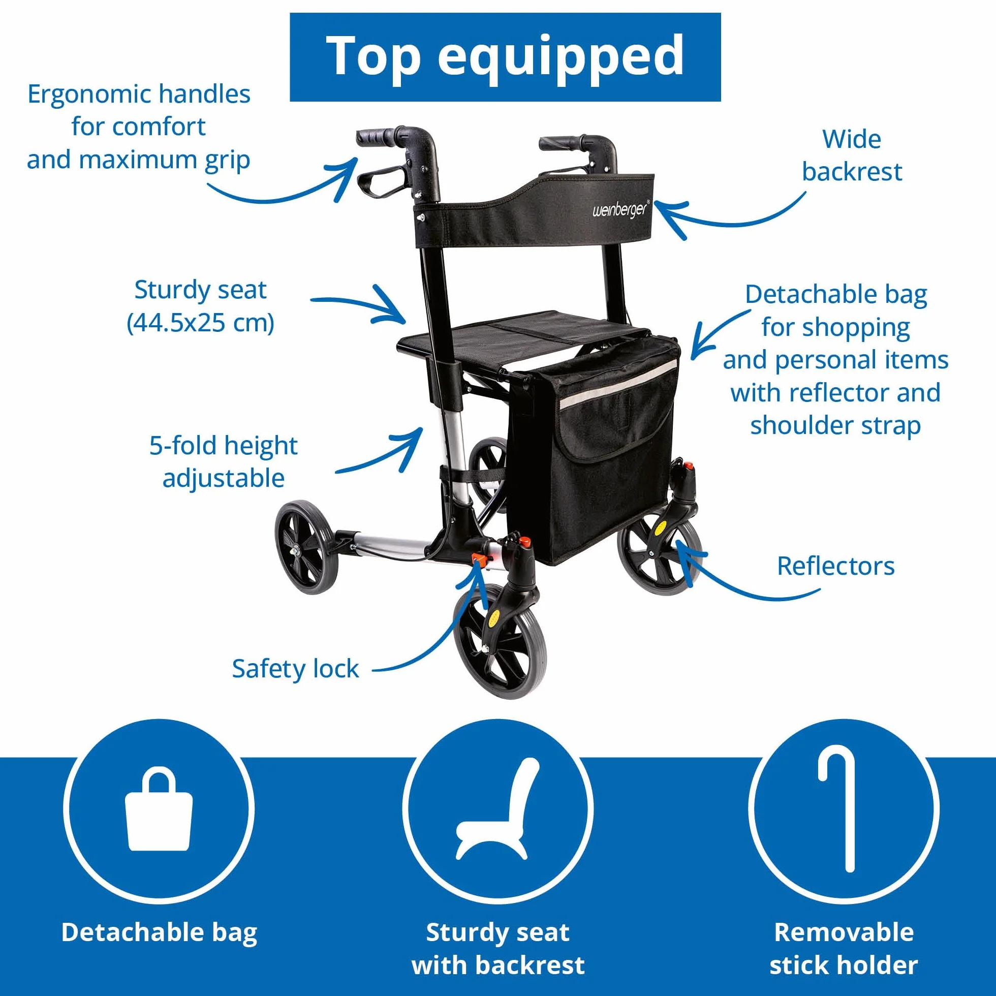 WEINBERGER leichter klappbarer Alu-Rollator all-Inclusive mit Tasche Stockhalter Bremsen, 7,3 kg, höhenverstellbar, Silber-Schwarz