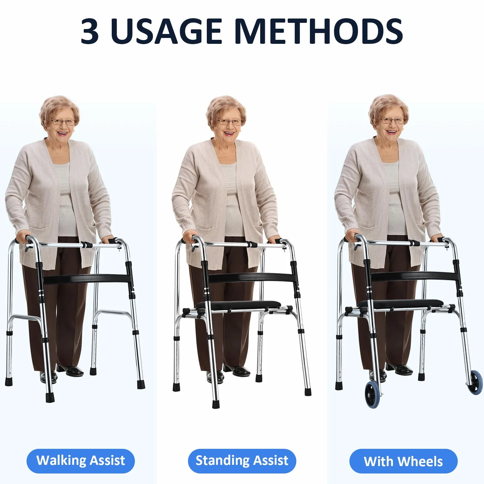 Aluminiowy składany chodzik dla seniorów z kółkami, 8-poziomowa regulacja wysokości, do 180 kg