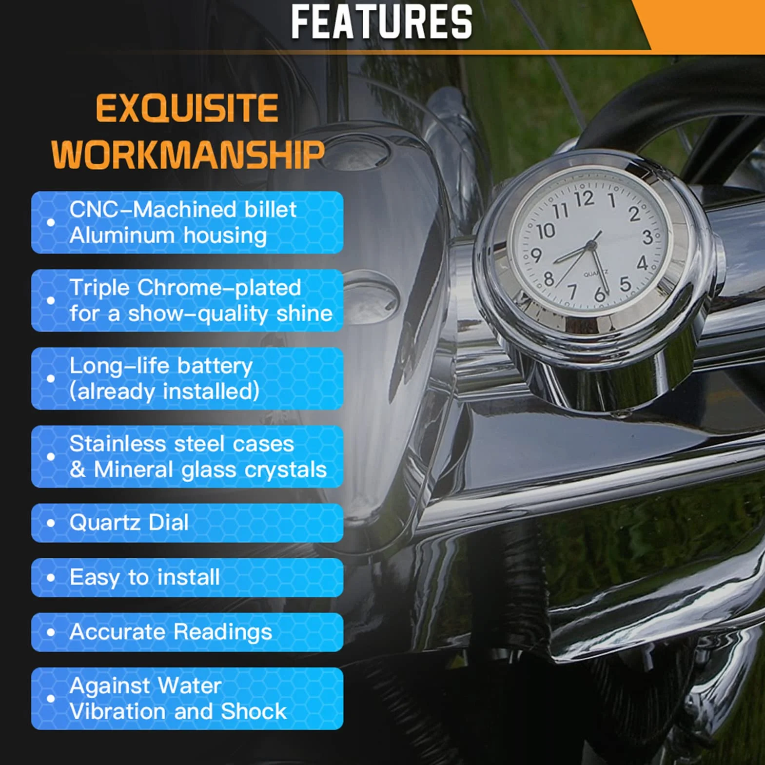 Shkalacar Zegarek na kierownicę motocykl i rower wodoodporny zamiennik 22mm-25.4mm czarna obudowa czarna tarcza