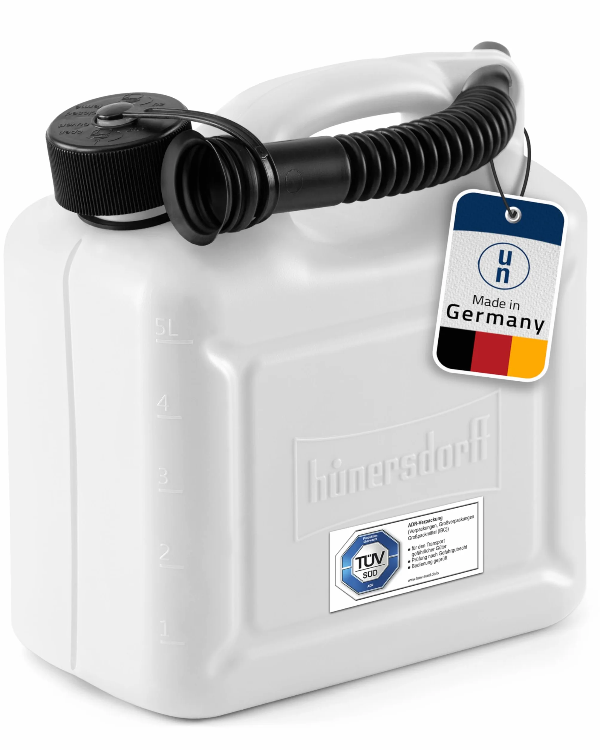 Kanister na paliwo 811500 Standard 5 l na benzynę, olej napędowy i inne towary niebezpieczne, dopuszczenie ONZ, wyprodukowano w Niemczech, produkcja sprawdzona przez TÜV, biały