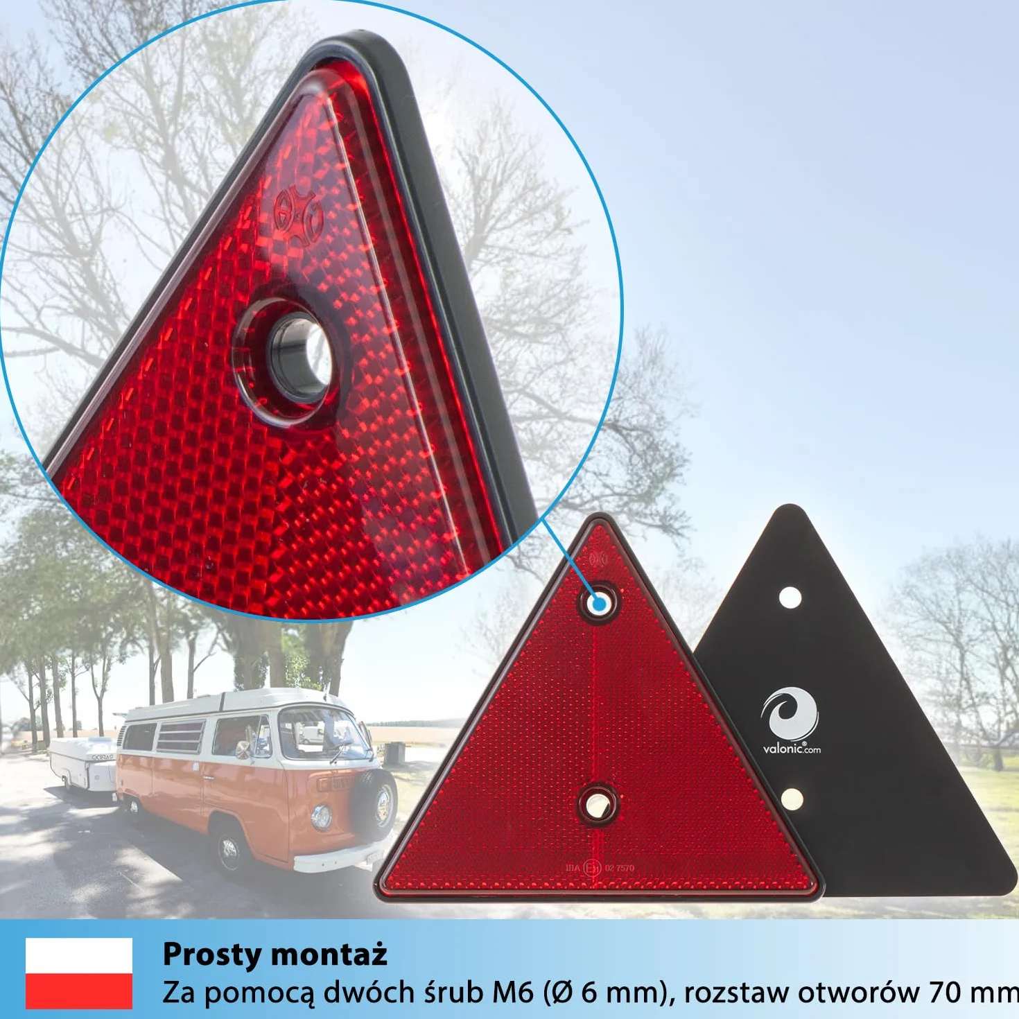 valonic trójkąt odblaskowy, 2 szt. - certyfikat ECE: R3.02 klasa IIIA (dla ruchu drogowego)- 15cm - odblaski do przyczep - czerwony - brak śrub w zestawie