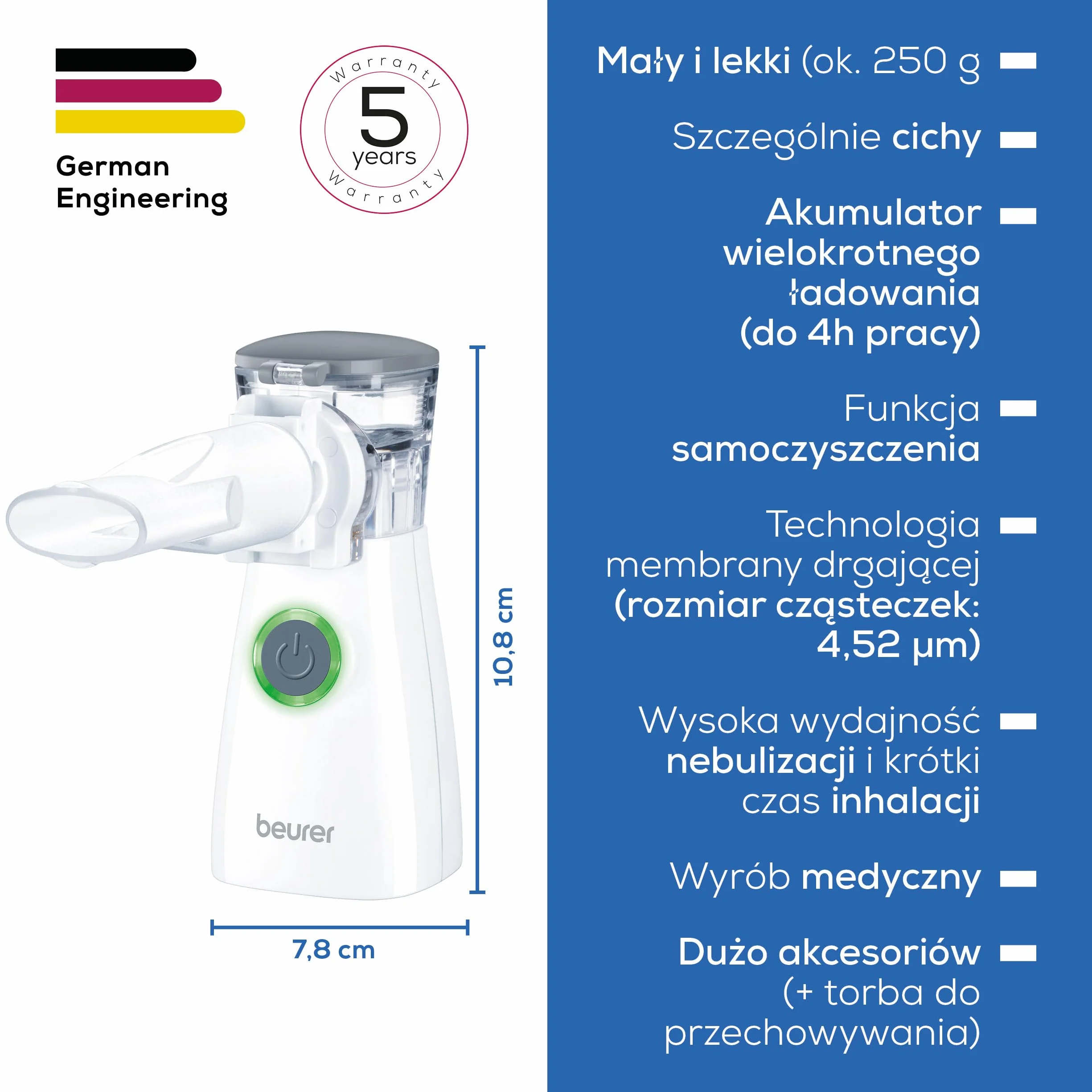 Beurer IH 57 inhalator z membraną oscylacyjną, przenośny nebulizator z akumulatorem