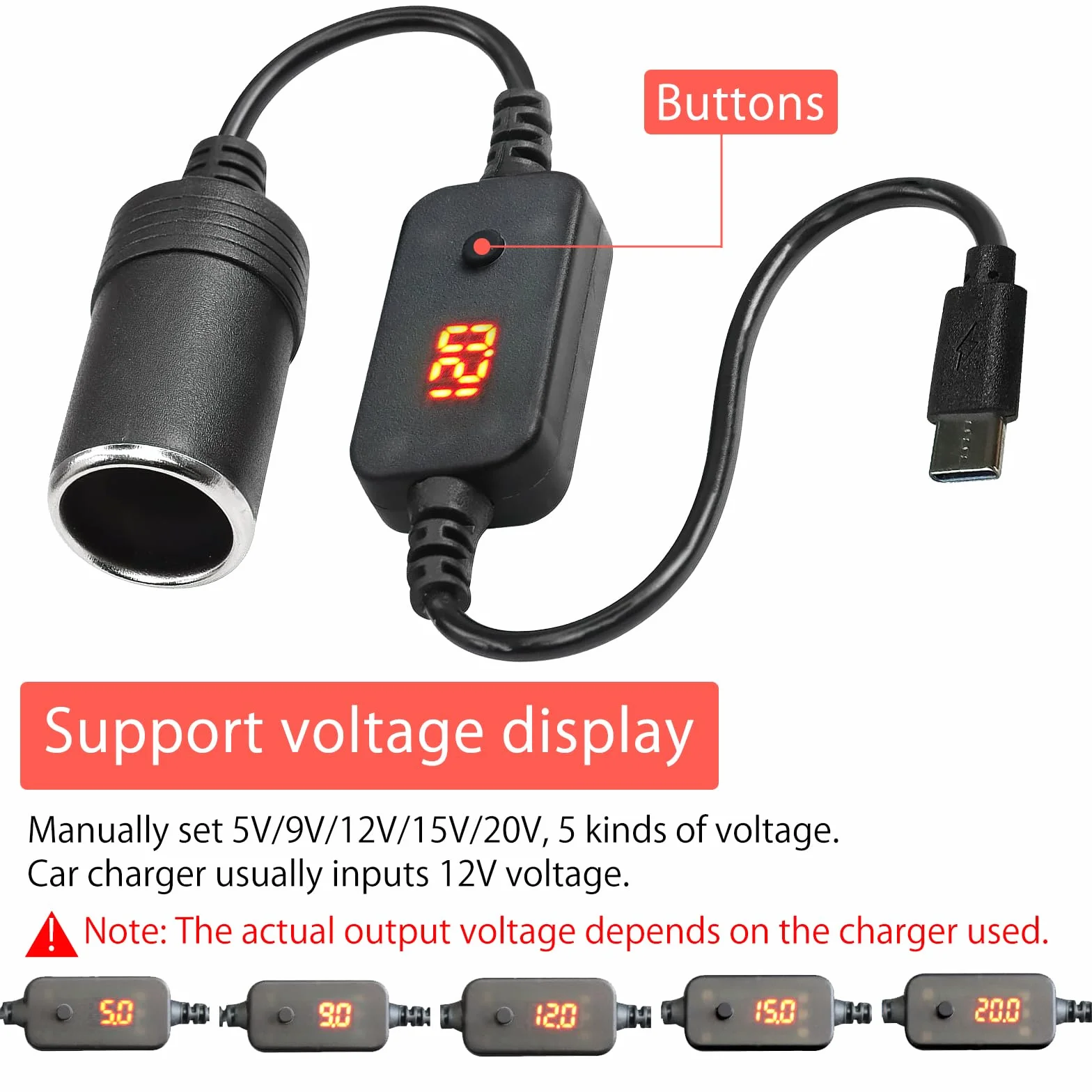 2 sztuki USB do zapalniczki samochodowej 12 V, adapter USB C na 12 V, adapter do zapalniczki samochodowej z woltomierzem, regulowane napięcie 5 V/9 V/12 V, wskaźnik odpowiedni do ładowarki