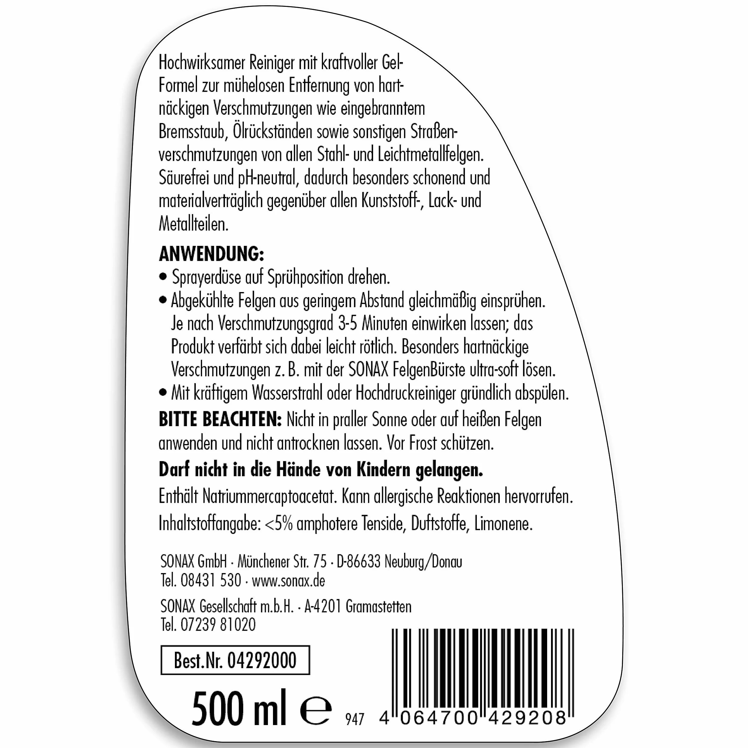 SONAX Żel do czyszczenia felg (500 ml) nie zawiera kwasów do felg z metali lekkich i stalowych o silnej formule żelowej, usuwa pył hamulcowy, pozostałości oleju i brud uliczny | Nr art. 04292000