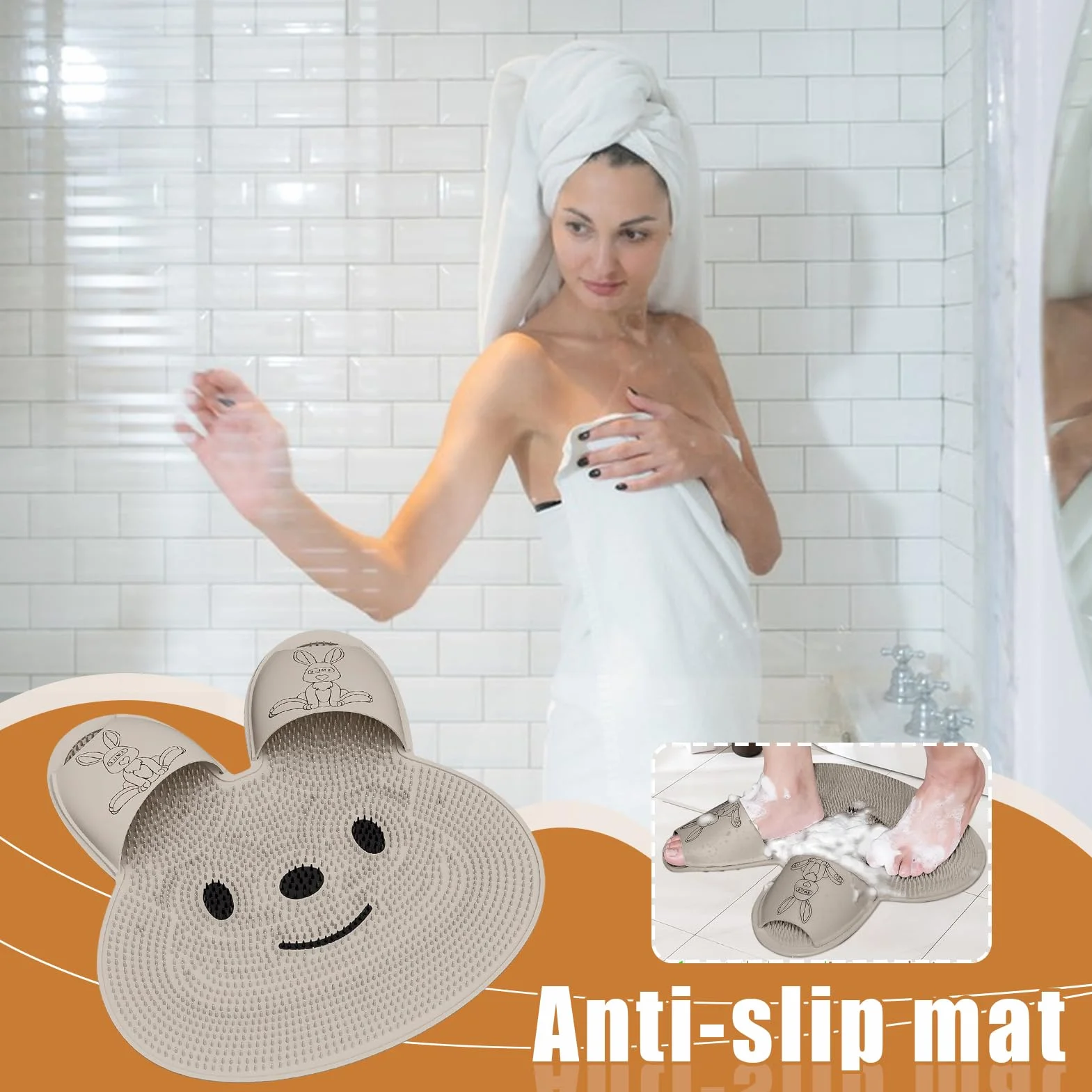Foot Scrubber Mat, Shower Floor Feet Cleaner Brush, Bunny-Shaped Callus Remover, Soft Bristles Massage Pad, 17.72x17.72x0.98 inches