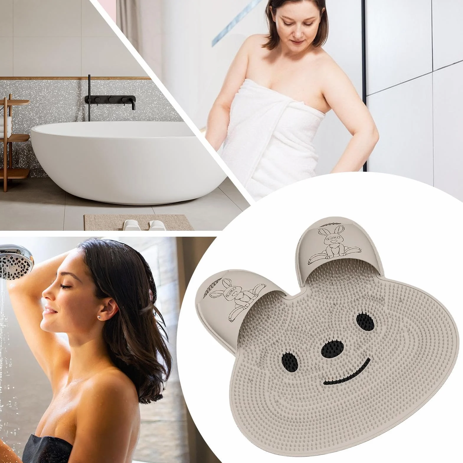 Foot Scrubber Mat, Shower Floor Feet Cleaner Brush, Bunny-Shaped Callus Remover, Soft Bristles Massage Pad, 17.72x17.72x0.98 inches