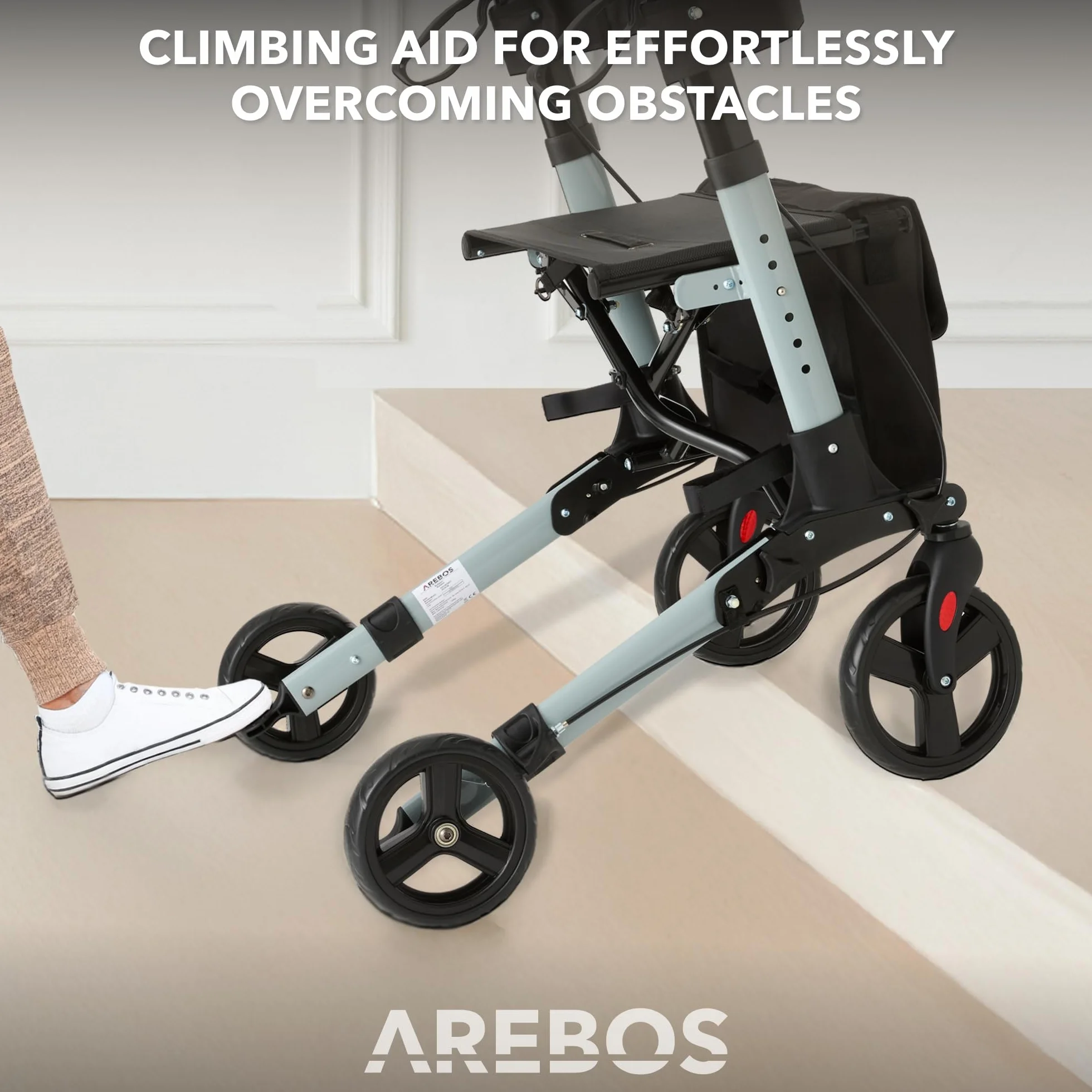 Arebos Rollator 4 Koła Składany z Siedziskiem i Oparciem, Regulacja Wysokości, Torba na Zakupy, Maks. 136 kg