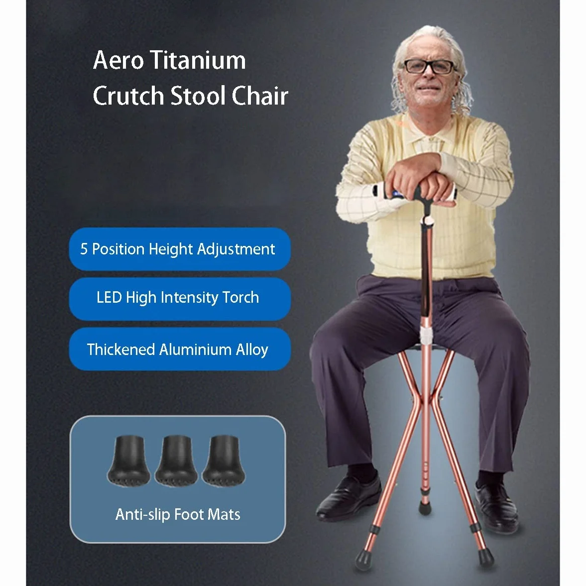 GX Non-Slip Cane Seat, Height Adjustable Crutch Chair with LED Light, Folding Aluminium Alloy Walking Stick with Seat for Seniors