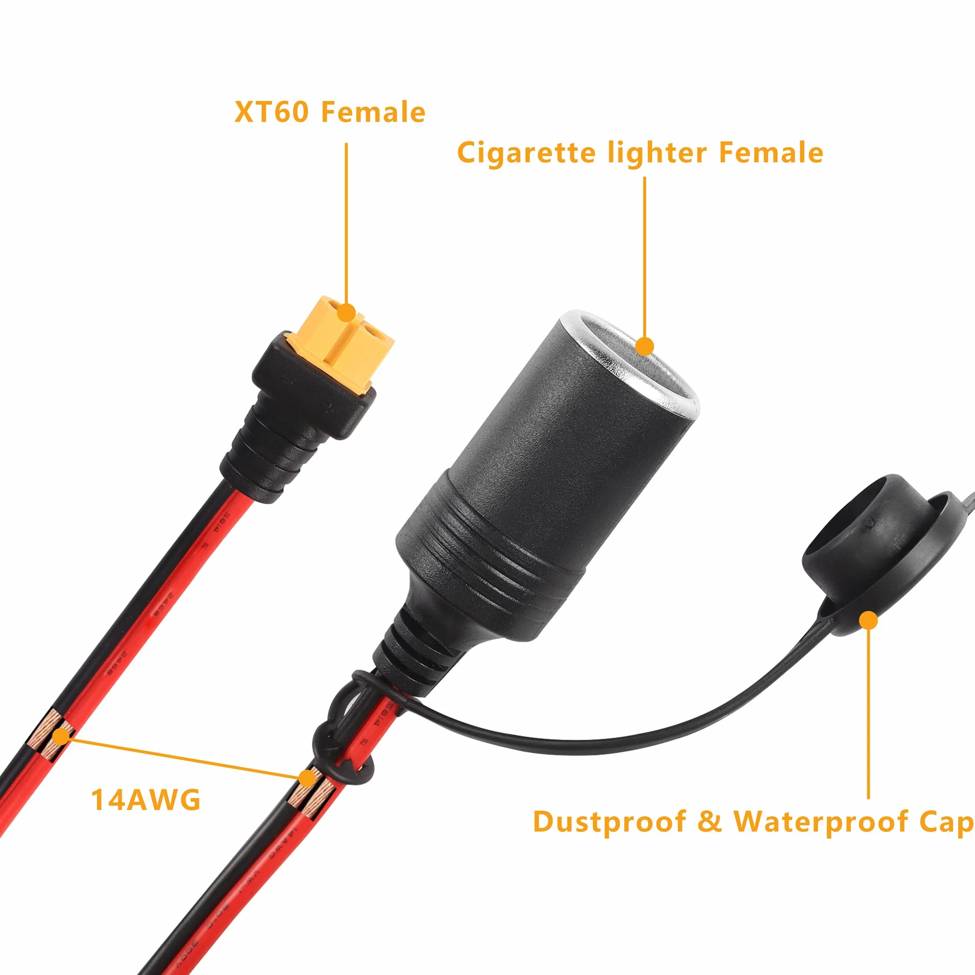 GELRHONR XT60 żeńskie gniazdo zapalniczki samochodowej, 14AWG 12V/24V XT60 żeńskie żeńskie gniazdo zapalniczki samochodowej z wodoodporną osłoną pyłoszczelną-1,5 m