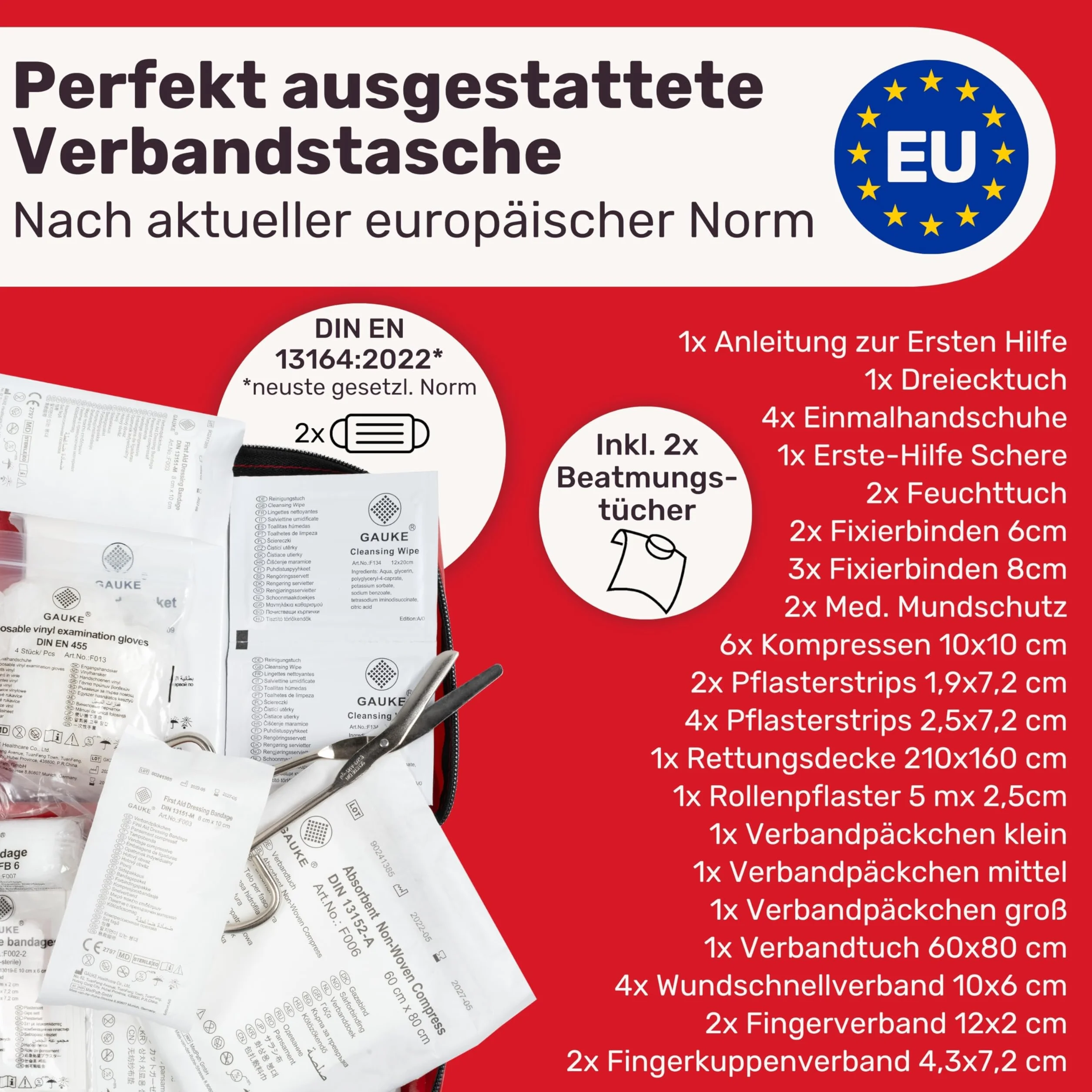 Apteczka samochodowa zgodna z normą 2025, w zestawie chusteczki do sztucznego oddychania– apteczka pierwszej pomocy może być używana w całej Europie, DIN 13164:2022
