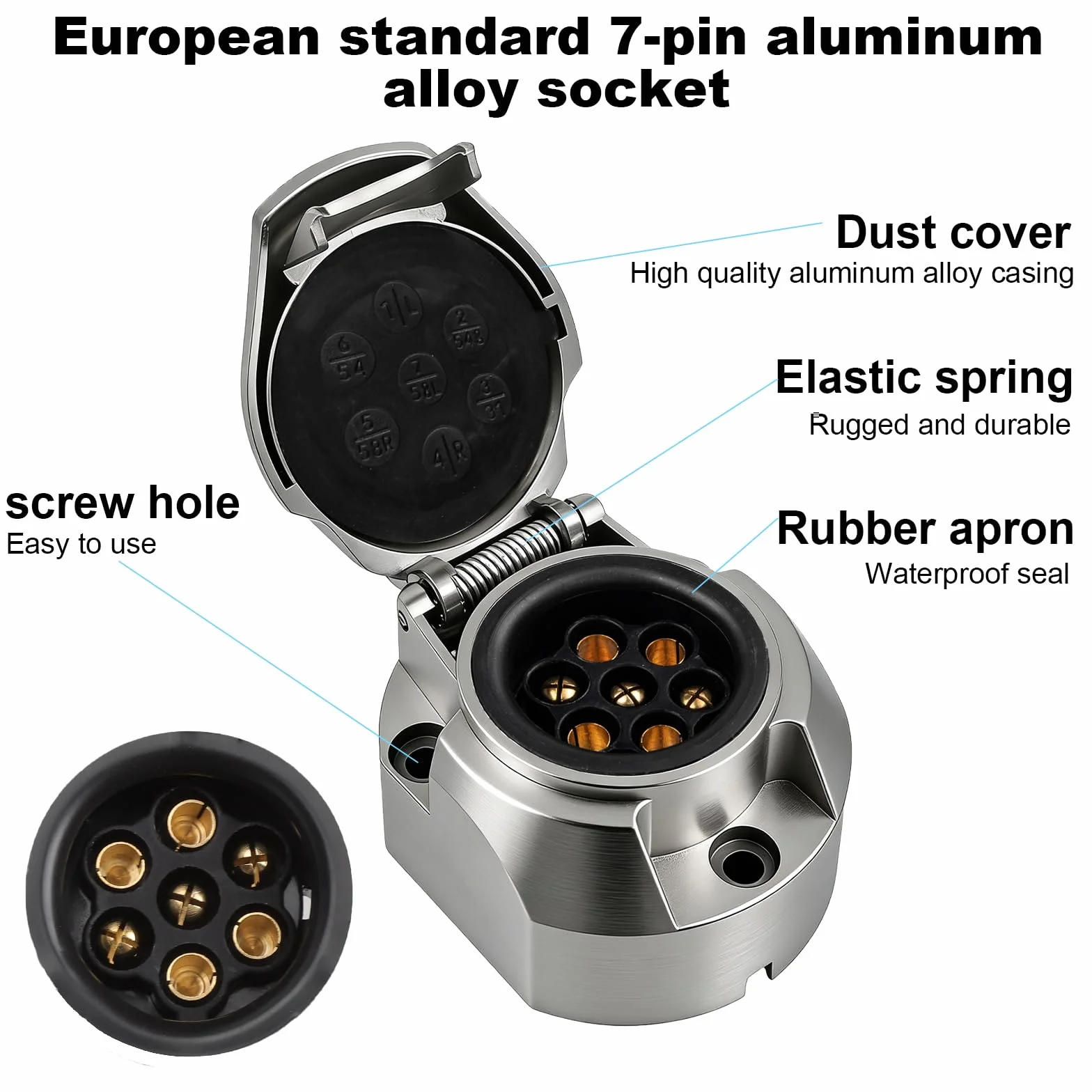 HENGBIRD Zawieszka, metalowe gniazdo przyczepy, 7-biegunowe, wodoszczelne, z gumową uszczelką, adapter gniazdo z pokrywą na zawiasach, 12 V do przyczep kempingowych lub pojazdów użytkowych, zgodnie z