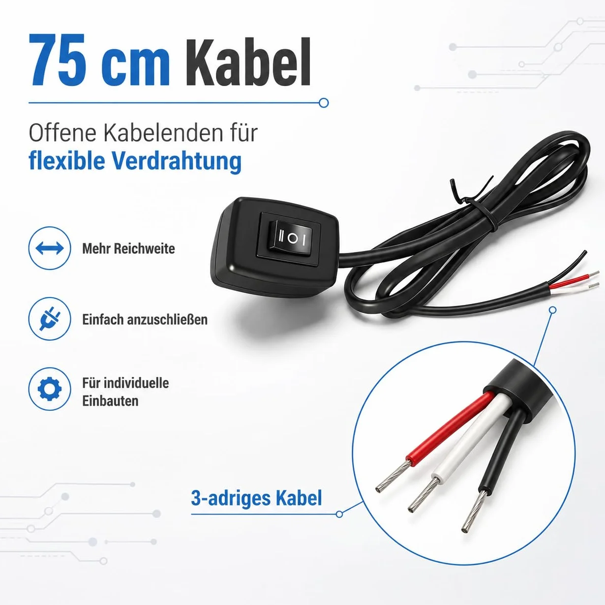 Powice 2 x przełącznik dźwigienkowy 12 V z samoprzylepną tylną stroną, 3 poziomy regulacji, 3 A, 12 V/24 V, przełącznik z kablem 75 cm, przełącznik dźwigienkowy 12 V do sterowania elektroniką