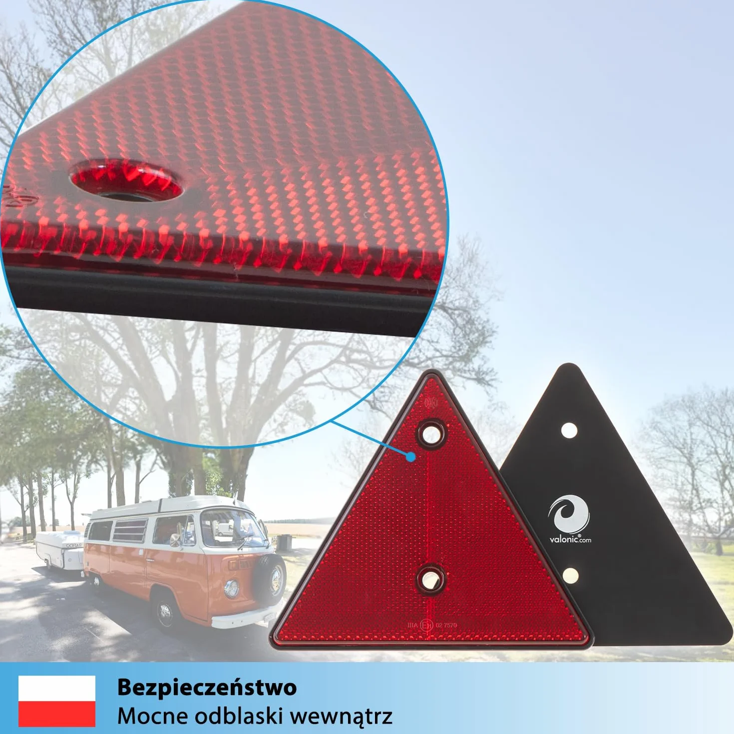 valonic trójkąt odblaskowy, 2 szt. - certyfikat ECE: R3.02 klasa IIIA (dla ruchu drogowego)- 15cm - odblaski do przyczep - czerwony - brak śrub w zestawie
