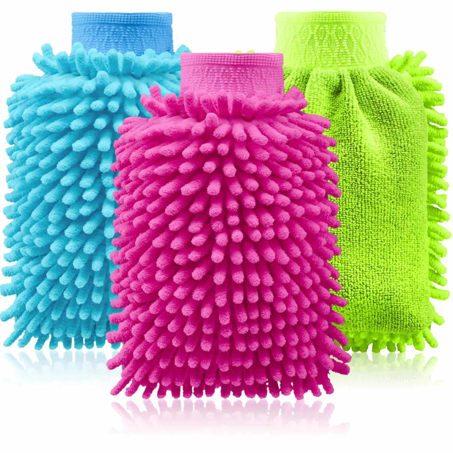 COM-FOUR® 3x rekawica do mycia samochodów i gospodarstw domowych - rekawica z mikrofibry - rekawica szenilowa - rekawica do czyszczenia do pielegnacji samochodu (3-czesciowy zestaw do mycia samochodu)