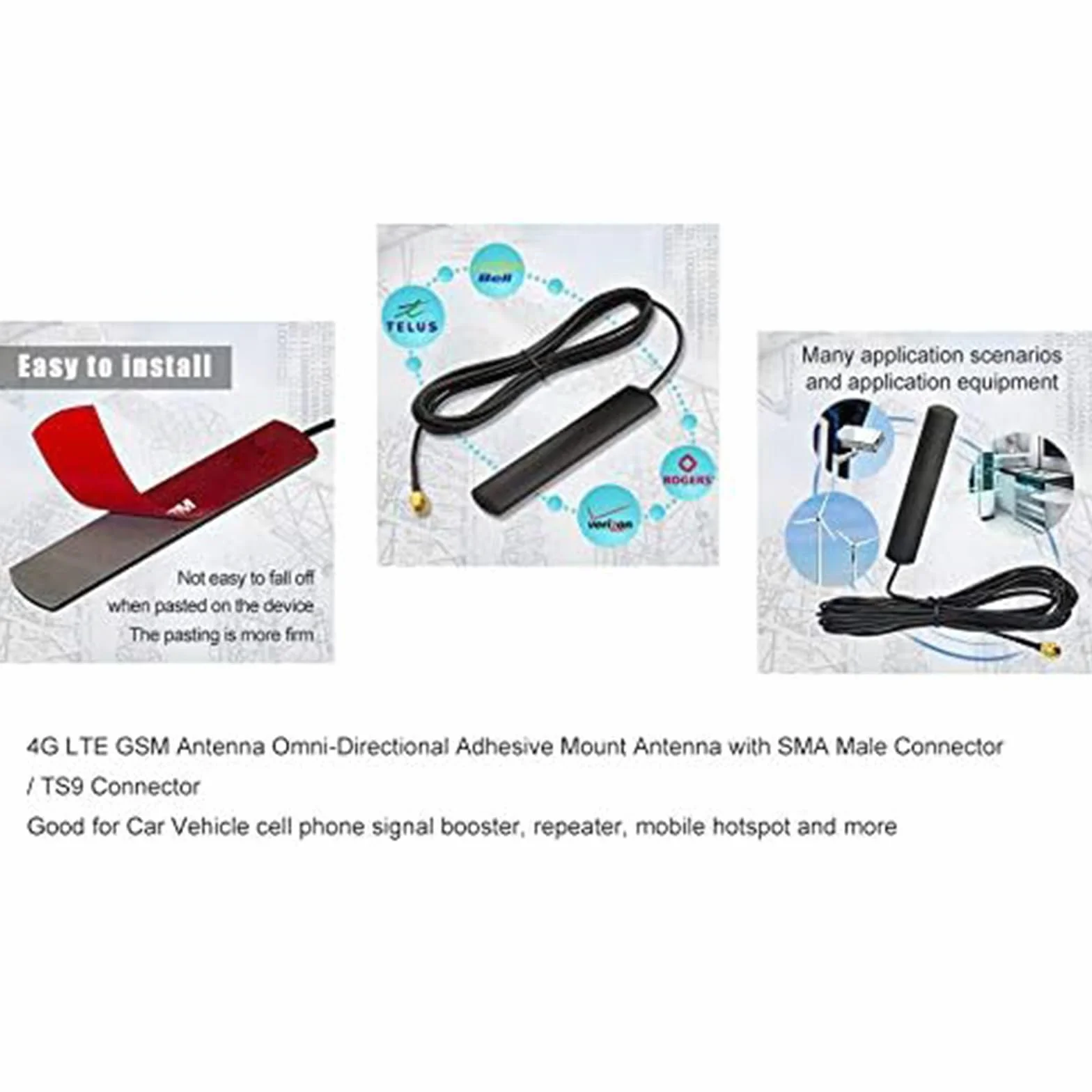Superbat Antena 4G LTE GSM Omni-Directional 700-2600 MHz, montaż samoprzylepny, antena z SMA Male Connector do samochodu, hotspotu, routera, modemu bramy 10ft